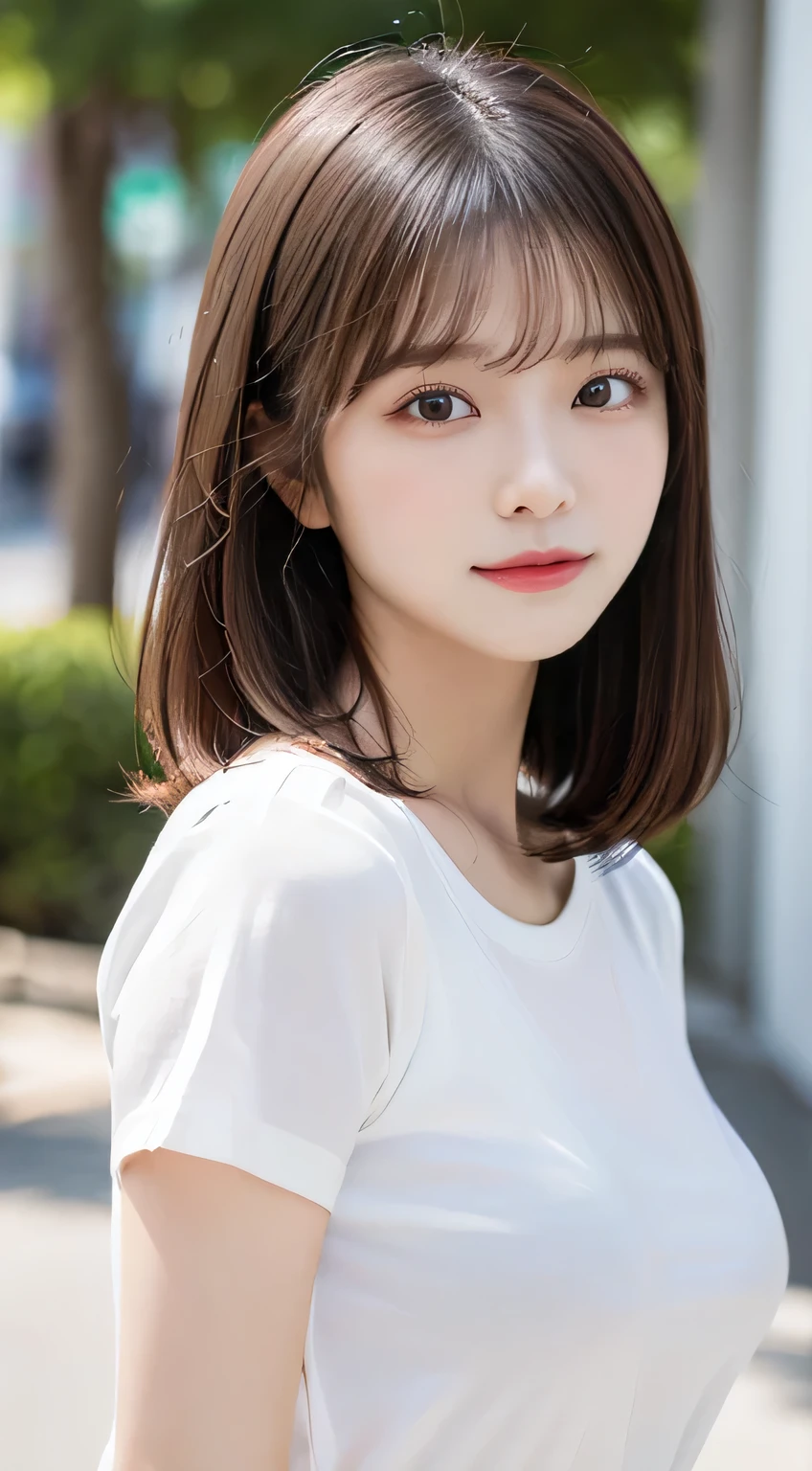 (beautiful girl、cute face、stares at viewers:1.3)、top quality,8K image、 perfect double eyelids、happy、natural color makeup、Moist lips、white skin、(straight hair、medium hair、straight hair, Strongly Blurred White Background 、black t-shirt、summer:1.3),Well-Shaped Breasts