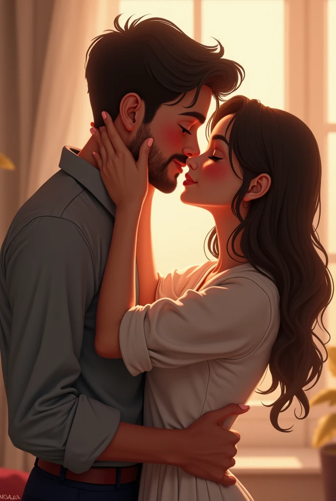 Lovers kissing. Boy is 175 cm tall and girl is 163 cm tall. He has a black beard and black hair, wears prescription glasses. She has highlights in her long hair. They both weigh 78 kilos. She has a chubby arm