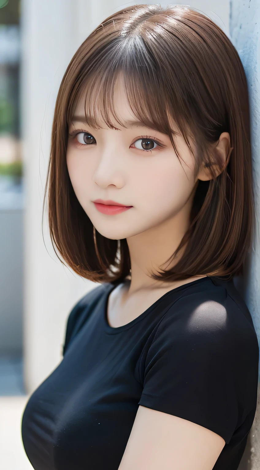 (beautiful girl、cute face、stares at viewers:1.3)、top quality,8K image、 perfect double eyelids、happy、natural color makeup、Moist lips、white skin、(straight hair、medium hair、straight hair, Strongly Blurred White Background 、 BLACK T-SHIRT、summer:1.3),Well-Shaped Breasts
