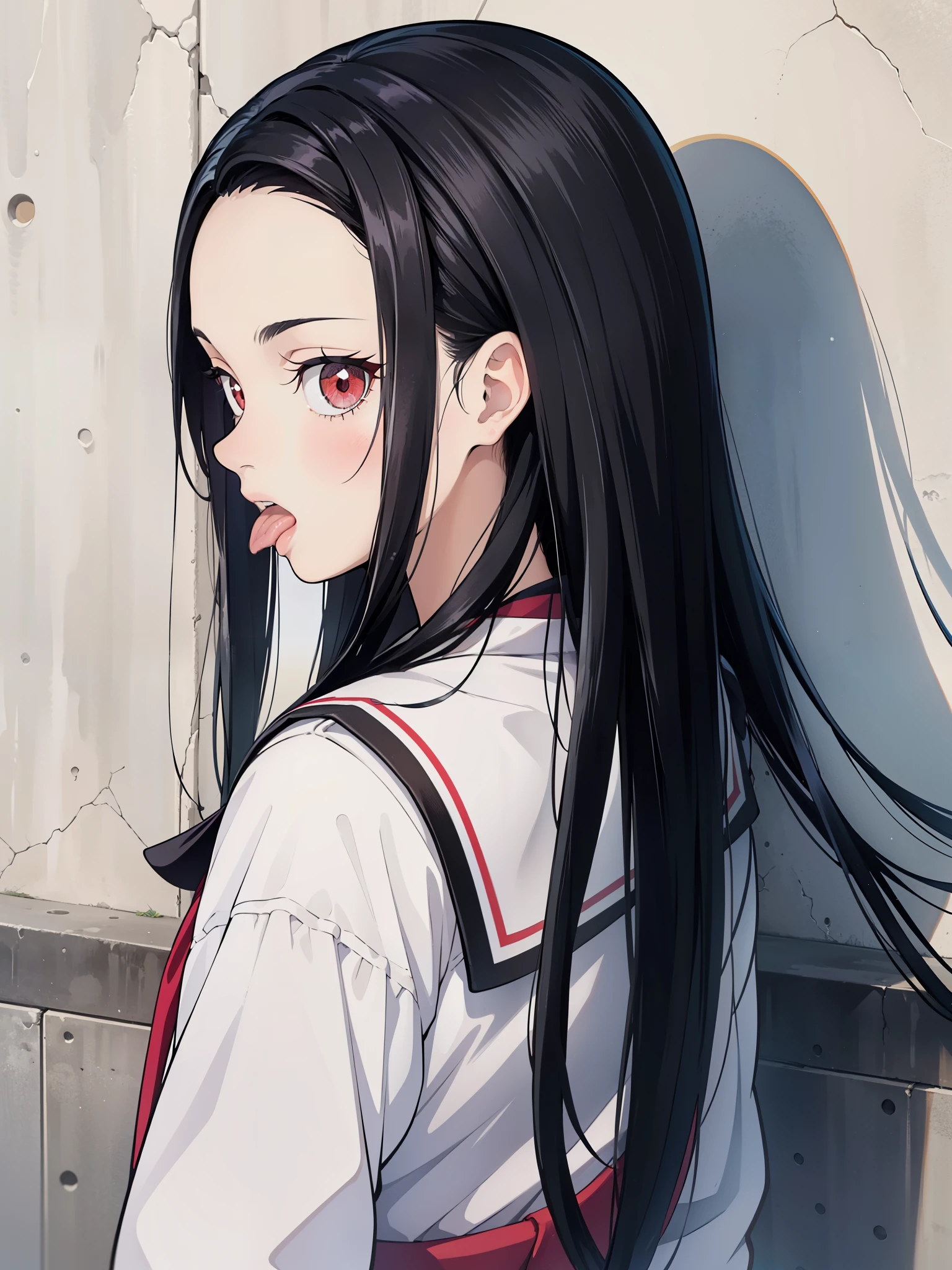 (masterpiece, best quality:1.2), kimetsu no yaiba style, kiyomi, (1girl, solo), 18years old, (upper body, portrait), (face close-up, face focus), (behind back, looking back), (black long hair, straight hair), red eyes, (open mouth, tongue out), provocative expression, (serafuku, sailor suit), concrete wall