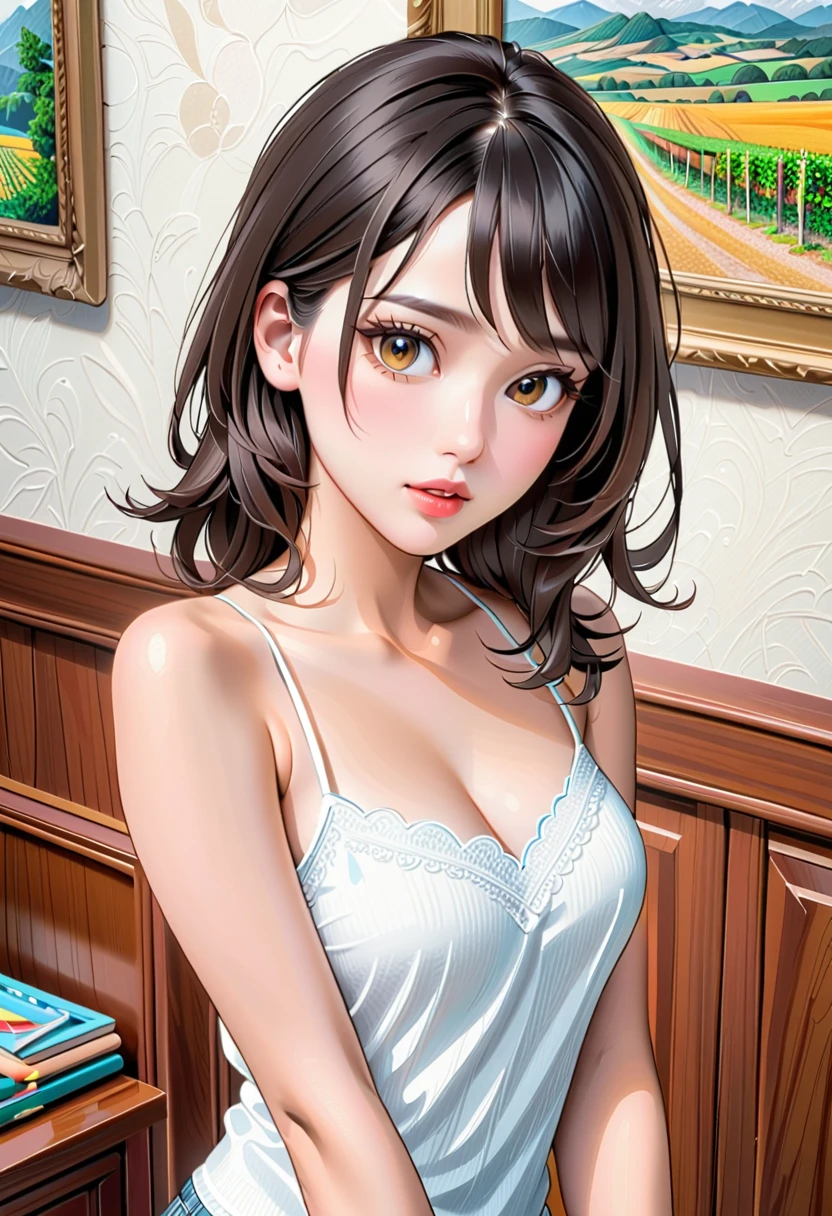 A date with Milia on a sunny Sunday、Milia likes to wear neat and clean clothes.、I like the light blue one piece.、Her hair is light and brown, half up.、The facial features、She is beautiful.。smile、Light-colored lips、Height is 160 cm、I can't wear necklaces or earrings、A light brown shoulder pouch hangs from the shoulder.