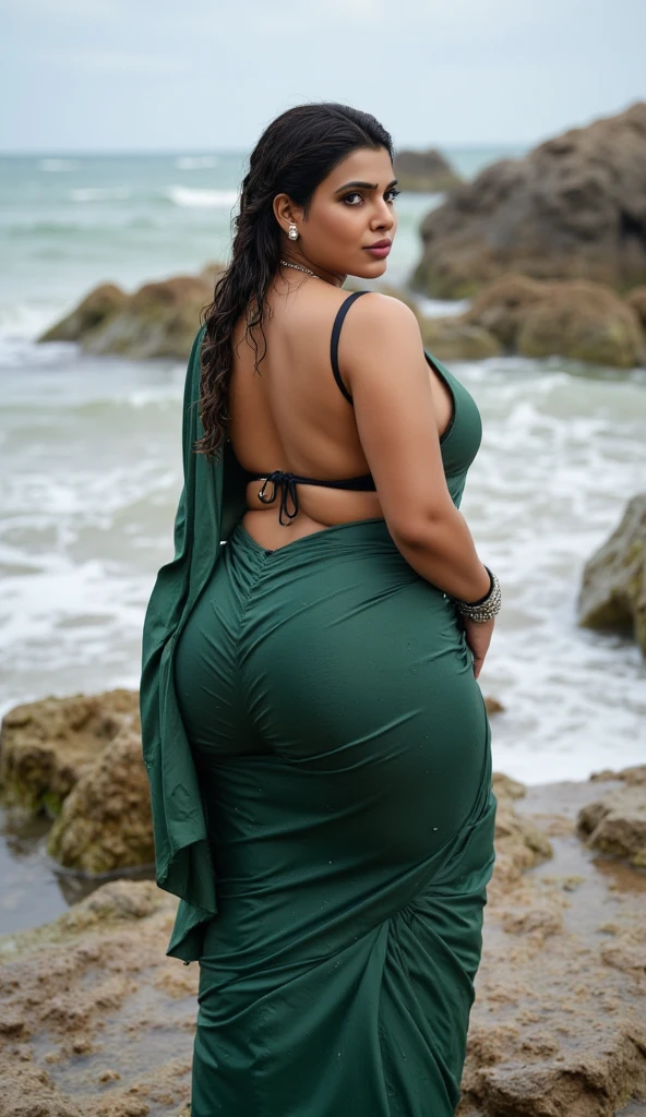 realistic very beautiful sri lankan girl 16 years old, she is standing in a beach. her short gown has going to Stuck Tightness in private area between thighs and The dress is pulled up so that the private area is barely visible and camera focus on her back side.