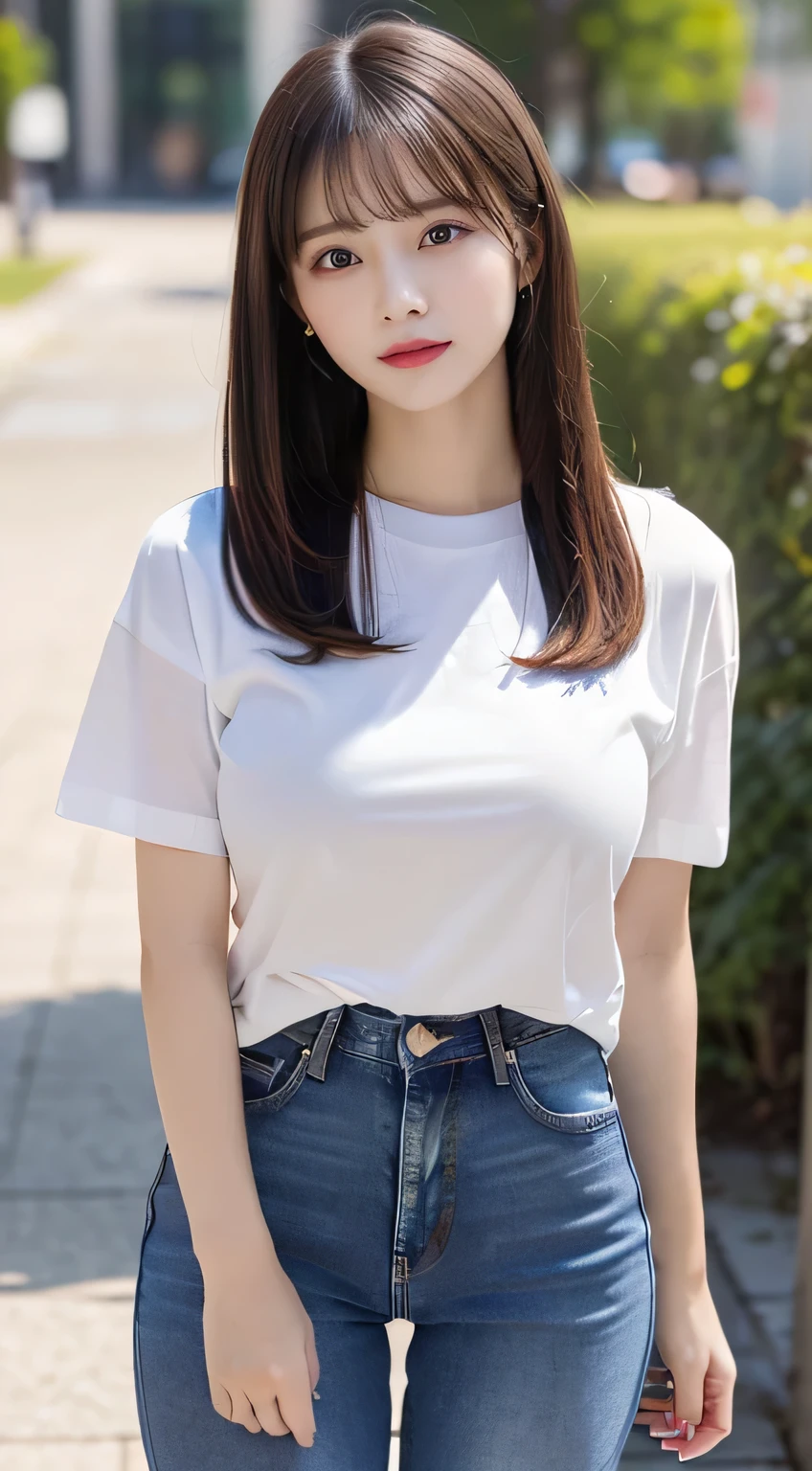 (beautiful girl、cute face、stares at viewers:1.3)、top quality,8K image、 perfect double eyelids、happy、natural color makeup、Moist lips、white skin、(straight hair、medium hair、straight hair, Strongly Blurred White Background 、 BLACK T-SHIRT、oversized t-shirt、 jeans pants、summer:1.3),Well-Shaped Breasts