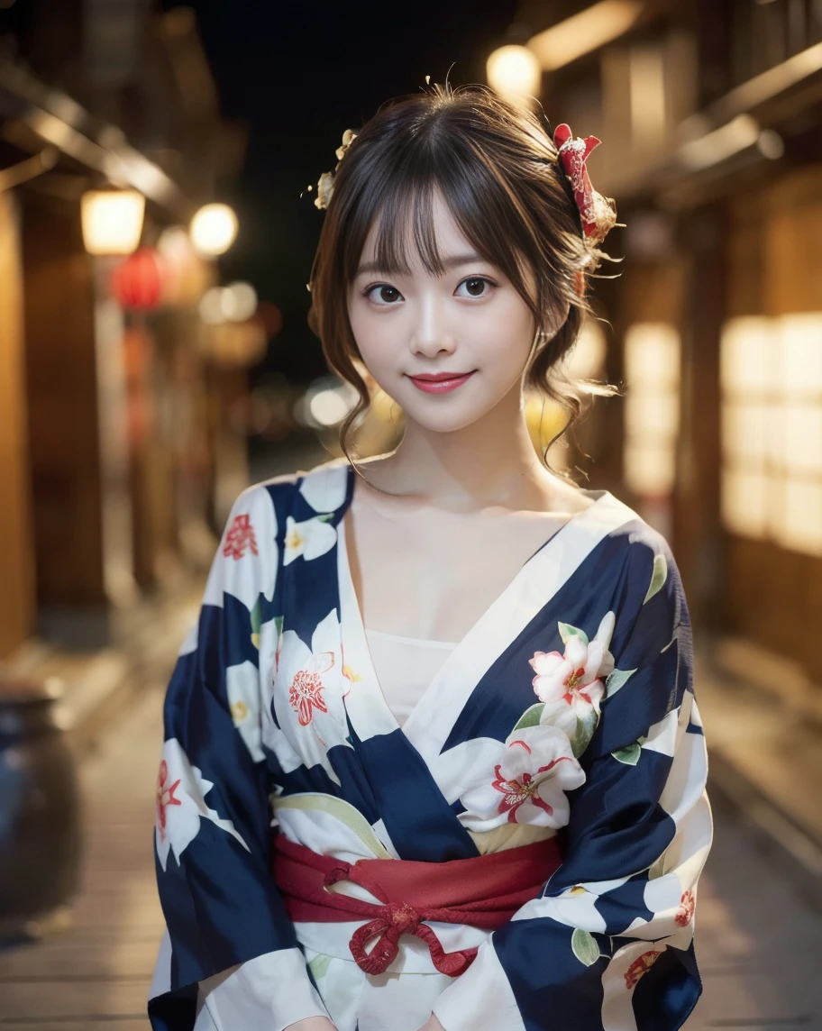 ((Highest quality, 8K, masterpiece: 1.3)),RAW Photos,Realistic atmosphere,Lens flare, Ray Tracing,(Detailed beautiful white skin:1.3),Beautiful Japanese, High-resolution face,shiny light brown hair,Bun Hair,Red and gold hair ornament,(Watching the fireworks wearing a floral yukata:1.2),Huge fireworks,(White yukata with sleeves:1.2),((Tie Obi:1.3)),((Looking back with an innocent smile:1.3)),Blurred grand fireworks,(Many colorful fireworks:1.2)Star Mine,Fireworks across the sky,Large fireworks