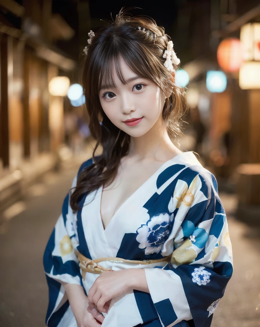 masterpiece, best quality, illustration, ultra-detailed, finely detailed, high resolution, 8K wallpaper, perfect dynamic composition, beautiful detailed eyes, festival, yukata, medium hair, small breasts, playful pose, smile, looking at camera