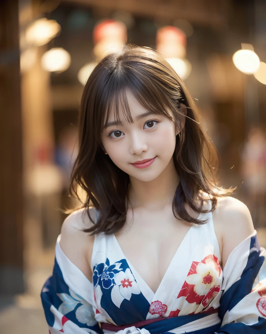 (1young girl), Extremely cute face, Amazing face and eyes, (Highly detailed eyes, Highly detailed face), fresh, Very clean appearance, (Hyper-realistic, hight resolution), (Best Quality:1.4), Raw photo, (Realistic, Photorealsitic:1.37), Professional Photography, (floral pattern yukata:1.5), (Open yukata), (cleavage:1.2), (Bare shoulders), Smile slightly, (Staring at me), Bedroom, girl portrait,