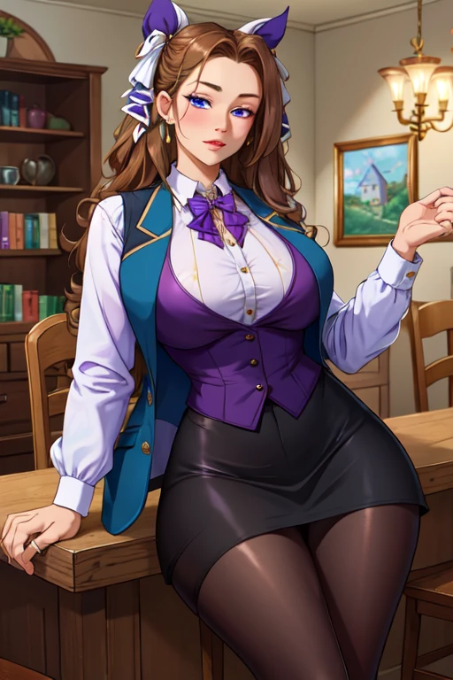 (masterpiece:1.2, best quality), lisadef, (1girl, solo), mature female, mom, milf, 40 year old woman, ((bimbo))), (asymmetric hair), ((brown hair)), hair flower, ((green eyes)), ((red lips)), (thick lips), (puffy lips), ((smiling)), parted lips, waist, hourglass figure, tall, ((thighs)),, smile, parted lips, large breasts, (cleavage), tall, business suit, pencil skirt, belt, thighhighs, (big earrings), glasses, necklace, indoors,office, (sexy pose), hip and thigh focus, oily breasts, soft lighting, head tilt, big window, city skyline