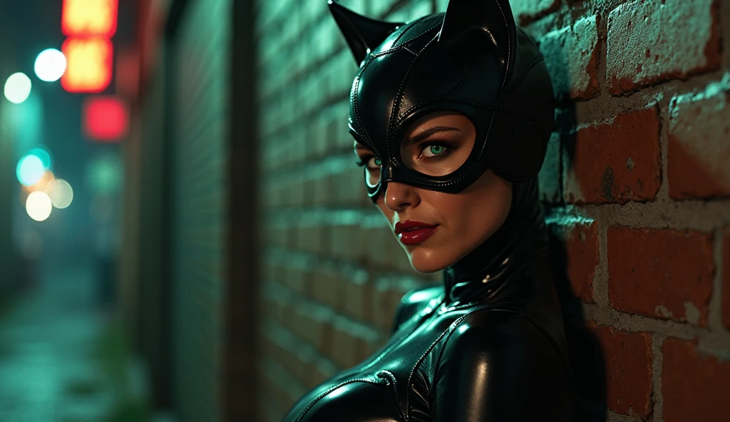 (tmasterpiece、4K 分辨率、ultra-realistic realism、The is very detailed)、("Black superhero" Theme、carismatic、Above the town there is a girl in a catwoman costume、she is a superhero)、 [((25 age old)、(Short gray hair:1.2)、full body Esbian、(eBlue eyes:1.2)、((Catwoman pose)、demonstration of strength)、((sandy environment):0.8)|(view over city、natta、Dinamic Light)、(moon full)]#illustrated:The tip is mainly Ultra HD、Very real、Describe highly detailed 4K paintings。Superheroines dressed in Catwoman costumes are depicted at the top of the city。The photo subject is a black superhero theme。(((posterior view))), wide lens shot, Neon lights, (((shooting from below))),Bare armposing the abdomen，necklace, glasses
