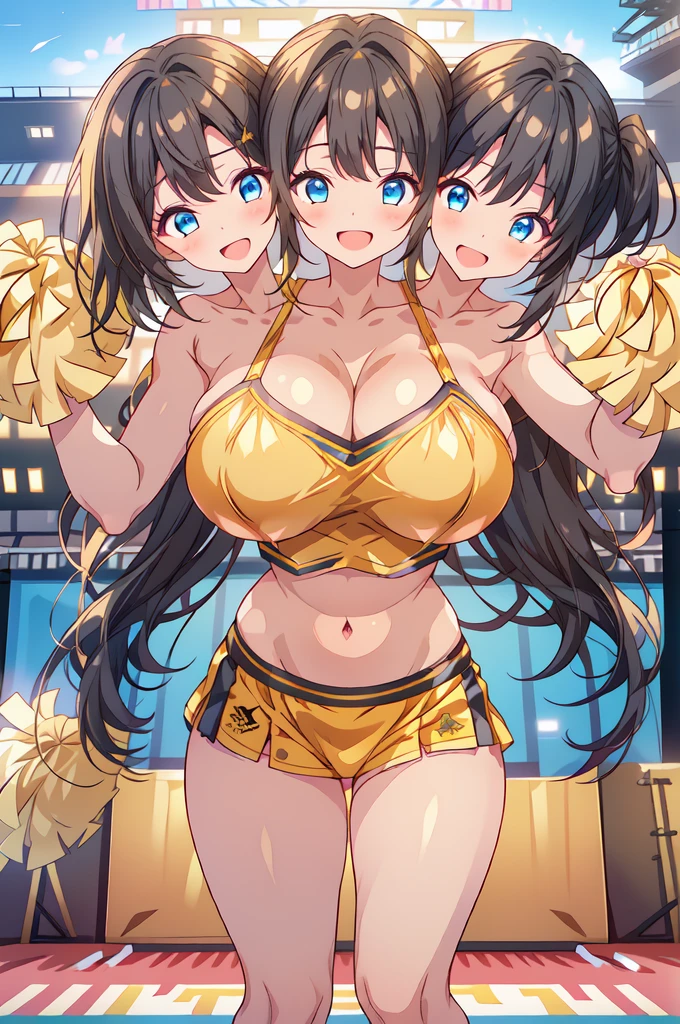(16K), ((three headed woman)), smiling, highres, masterpiece, ((brown hair)), cleavage, large breasts, ((yellow dress:1.5)), lustrous and smooth skin, (mature woman), seductive silhouette, casual crop top, sexy proportions, Beautiful girl with accentuated slender abs, seductive woman, ((party background)), necklace, yellow miniskirt, miniskirt, open belly, exposed midriff, strapless, sleeveless, yellow eyes, beautiful eyes, ((long bushy ponytail)), ((gala)), cowboy shots, very big tits, huge tits,