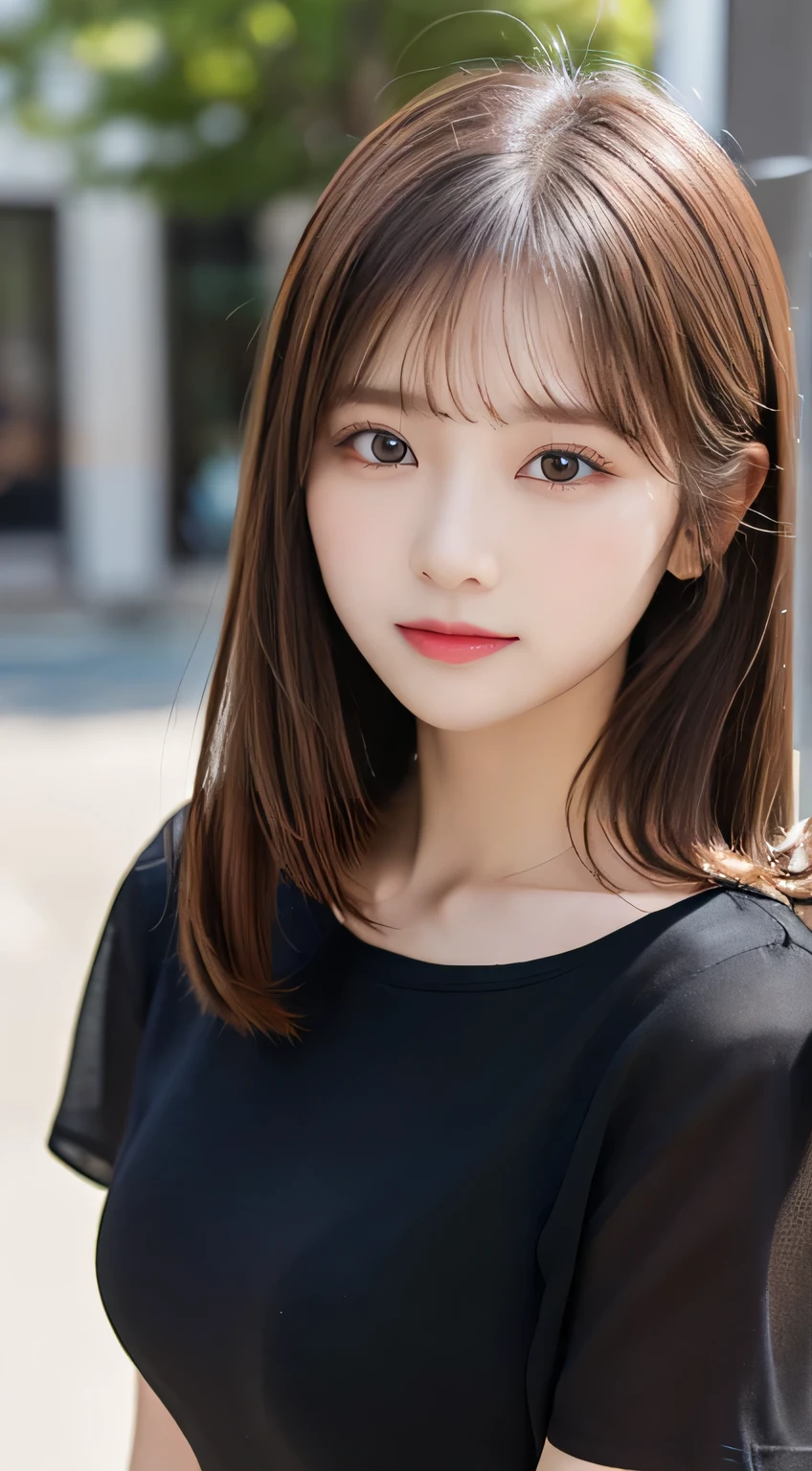 (beautiful girl、cute face、stares at viewers:1.3)、top quality,8K image、 perfect double eyelids、happy、natural color makeup、Moist lips、white skin、(straight hair、medium hair、straight hair, Strongly Blurred White Background 、 black long shirt、summer:1.3),Well-Shaped Breasts、 jeans pants