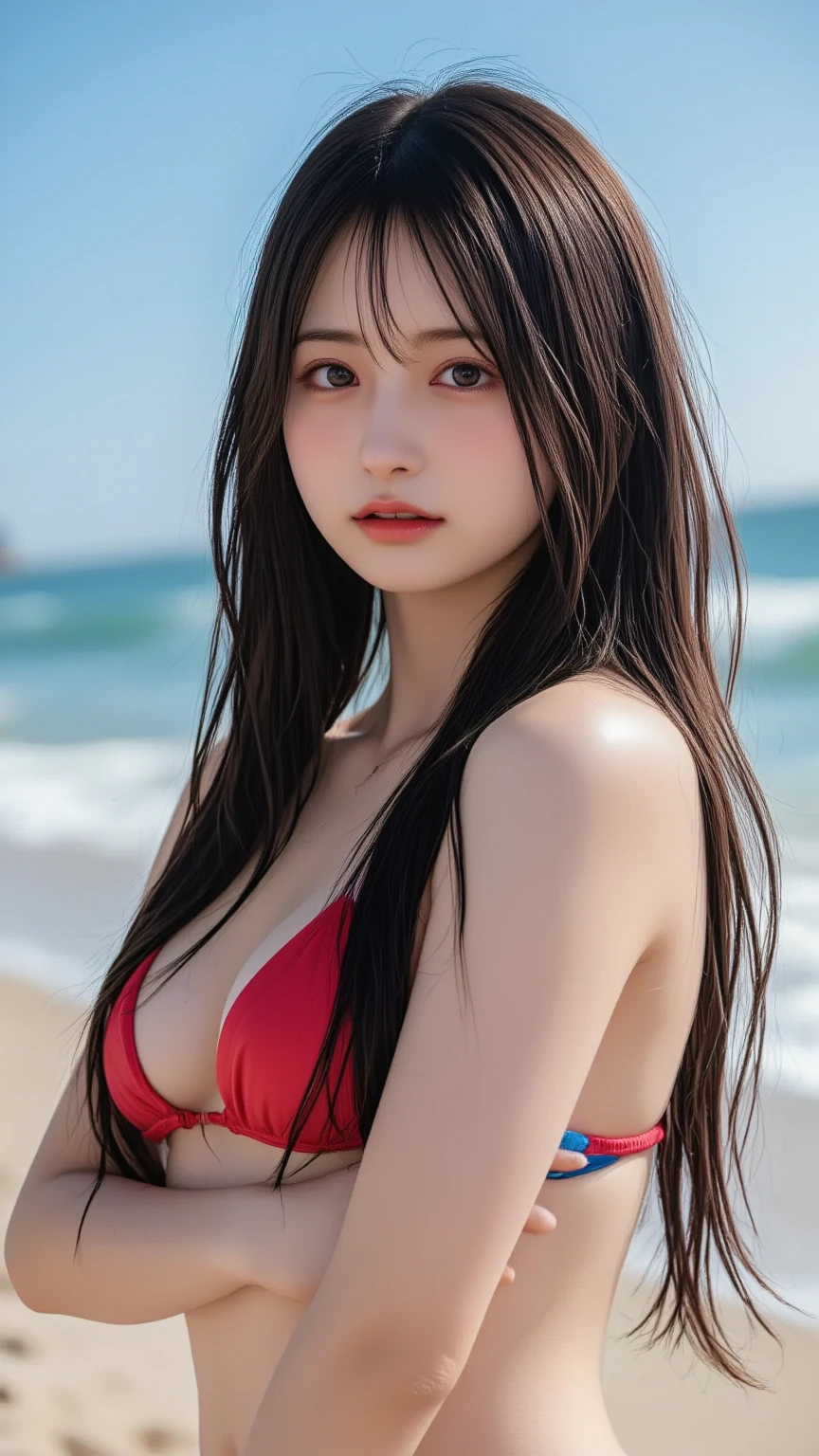 masterpiece, Highest quality,16K, Ultra-high resolution,The light and shadow of reality,Cinema Lenses,(Very skinny),(Small, well-formed, beautiful breasts),((Beautiful thin white thighs)),((Her waist is slim and beautiful)),((Very slim and beautiful arms)),((She has outstanding style)),((Big, shining, beautiful eyes)),((Beautiful white and shining skin)),((Cute Japanese Girls))(She is wearing a red tartan camisole dress that is wet and transparent.)),((She enjoys splashing around in the ocean)),(Beautiful Eyes:1.1),Dynamic Pose,A gentle goddess came with gentle steps,Clear eyes and a gentle smile,