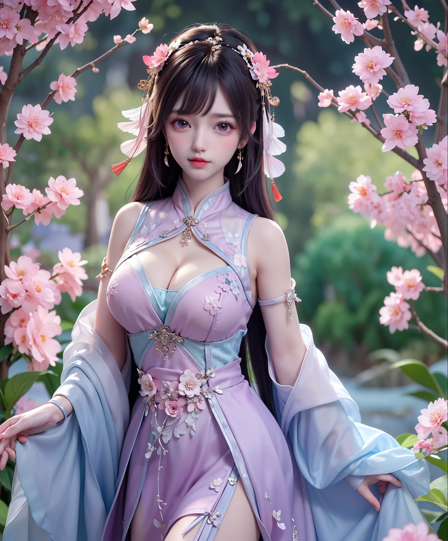(8k, RAW photo:1.2), best quality, ultra high res,dramatic angle,(fluttered detailed color splashs), (illustration),(((1 girl))),(long hair),(rain:0.9), (Headdress:1.4),There is an ancient palace beside the girl,Hanfu,(Key Points),Color ink painting,(Splash of Color),Splash of Color,(((colorful))),(sketch:0.8) , Masterpiece, best quality, beautiful painted, highly detailed,(denoising:0.6),[splash ink],((ink refraction)), (beautiful detailed sky),moon,highly,detaild,(masterpiece, best quality, extremely detailed） CG Unity 8k Wallpaper，masterpiece，best quality，Ultra Detailed），（Lycoris）. hanfu open v open V-chested clothes Thin silk lace dress , (huge ，cleavage),, white pink and gren，best qualtiy，tmasterpiece，Ultra-high resolution，（Reality：1.4），RAW photogr，（True skin texture：1.3），（filmgrain：1.3），（Selfie angle），1个Giant Breast Girl( huge, cleagve)，Beautiful eye and face details，tmasterpiece，Best quality at best，，The chest more exposed， detailed hair, bra purple and green , detail 8k, upper body, ignette transparent fabric flower, purple and blue pink white,
