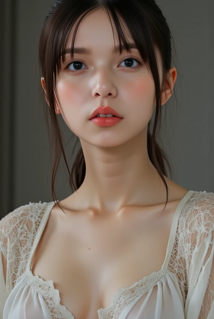 (masterpiece:1.4), (8k, Realistic, RAW Photos, Highest quality: 1.4), Japanese, (One girl), Beautiful Face, (Realistic Face:1.4), (Hair with attention to detail:1.3), Beautiful hairstyle, Realistic eyes, Beautiful attention to detail, (Realistic Skin:1.3), Beautiful Skin, Charm, Ultra-high resolution, Ultra-realistic, Very detailed, Golden Ratio, (Detailed face:1.4), (Realistic medium sized breasts:1.4), (No bra:1.4), Lively_Nipples,