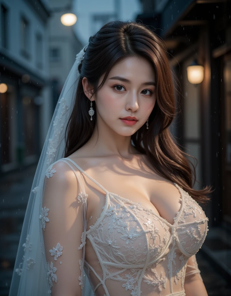 1girls, bride, Wedding Dresses, Lace pattern, Open shoulders, Show big breasts, long-haired, bridal veil, bokeh, Depth of Field, blurred background, light particle, high wind, See the whole body...,
