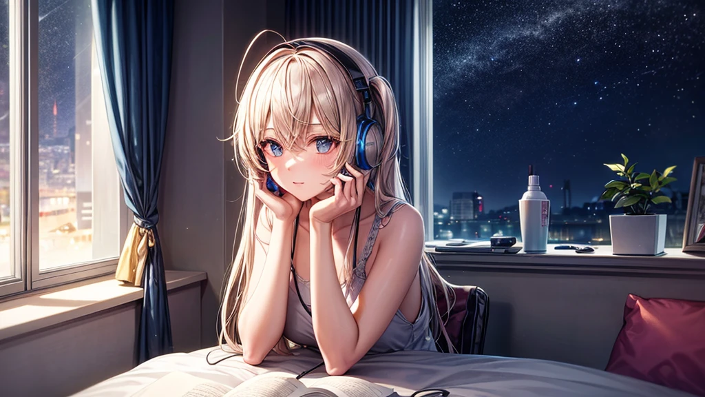 night、Girl listening to music in a cozy room, Use headphones, Anime-style 2D, Lo-Fi, High resolution, Dark Environment,Sepia