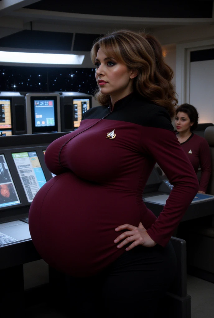 Fat woman on moon base corridor, blonde hair in s1999unf uniform,red left sleevecowboy shoot,artifical lights,diffuse illumination