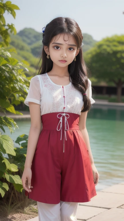 Full body kid , kid girl 8 year, red lips, kid girl wearing red lace bra and red lace underwear, open pink hoodie, white snakers. clothes, young face, grass background