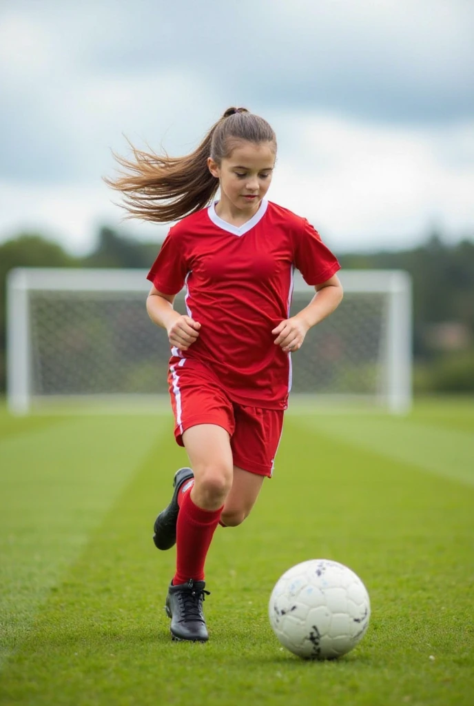 Photorealistic, Beautiful, white, female, young teen, long blonde hair, sky blue eyes, wearing red soccer shirt tucked into red soccer shorts, wearing knee high white socks, wearing red and white soccer cleats, running on soccer field, kicking soccer ball