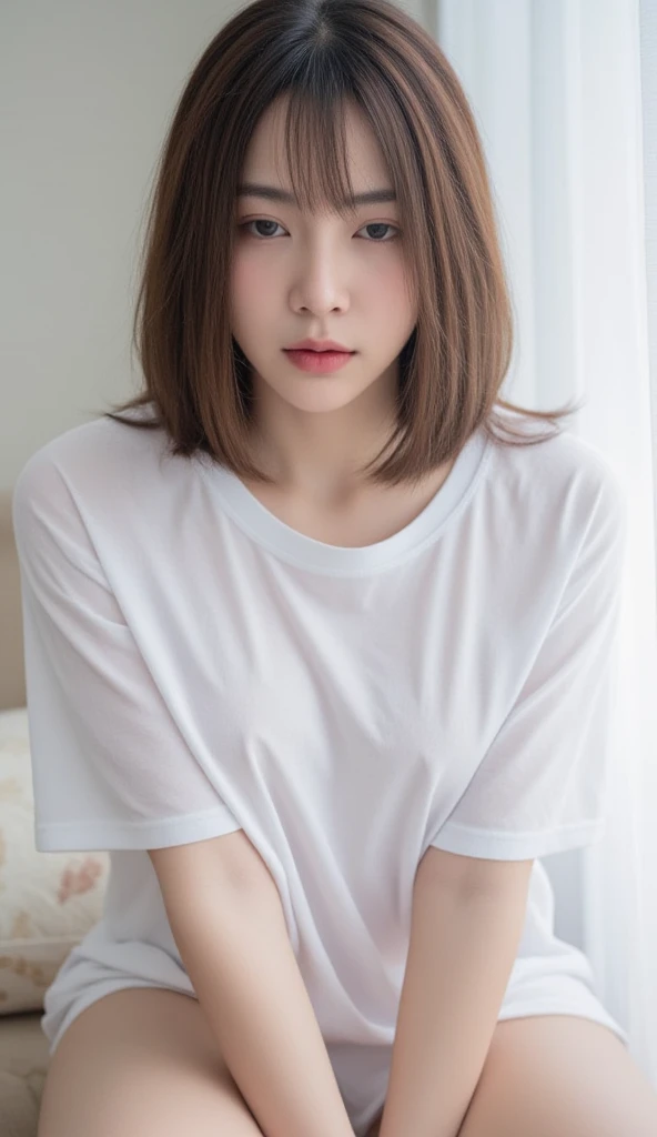 (Ultra-realistic), (figure), (High resolution), (8k), (Very detailed), (Best figure), (Beautiful and detailed), (Highest quality), (Super detailed), (masterpiece), (wallpaper), (Detailed face), alone, One Girl, watching viewer, Casual wear、White T-shirt,Less exposure、Fine details, Detailed face, In the Dark, Deep Shadow, Modest, Pure Erotic Face Ace_v1, cool, short hair, Pointed diagonal bangs,Sit on the sofa、Cute room、Living alone、table