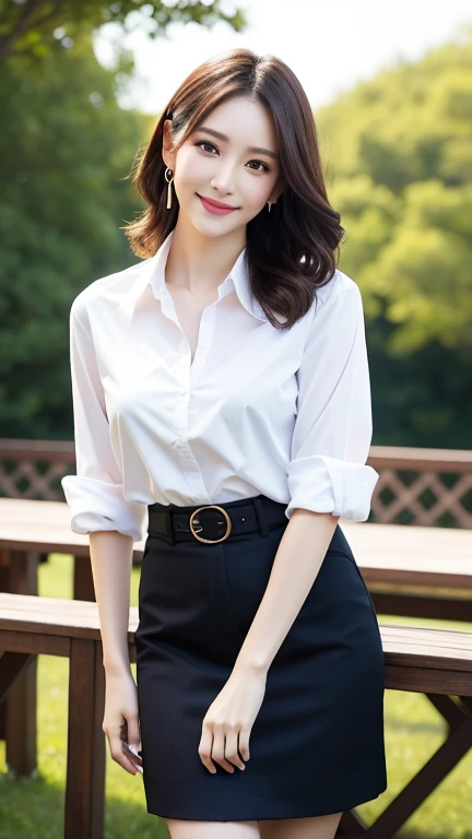 Create a high-quality image of a Japanese woman, around 45 years old, weighing 45 kg, with a height of 164 cm, and an E cup size. Her hair should be medium-length and dark brown. She should have age-appropriate wrinkles and be a mother of three. Her face should resemble that of popular Japanese actresses in their 40s and 50s. She should be dressed as an office worker in an OL uniform, smiling and speaking toward the viewer. The image should be very detailed and realistic.