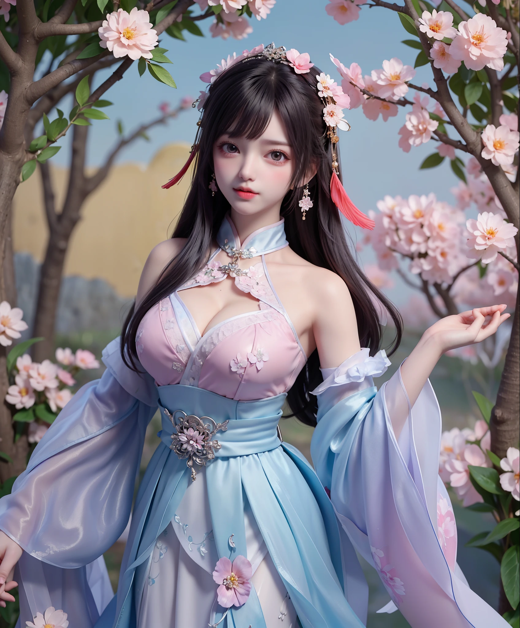 (8k, RAW photo:1.2), best quality, ultra high res,dramatic angle,(fluttered detailed color splashs), (illustration),(((1 girl))),(long hair),(rain:0.9), (Headdress:1.4),There is an ancient palace beside the girl,Hanfu,(Key Points),Color ink painting,(Splash of Color),Splash of Color,(((colorful))),(sketch:0.8) , Masterpiece, best quality, beautiful painted, highly detailed,(denoising:0.6),[splash ink],((ink refraction)), (beautiful detailed sky),moon,highly,detaild,(masterpiece, best quality, extremely detailed） CG Unity 8k Wallpaper，masterpiece，best quality，Ultra Detailed），（Lycoris）. hanfu open v open V-chested clothes Thin silk lace dress , (huge ，cleavage),, white pink and gren，best qualtiy，tmasterpiece，Ultra-high resolution，（Reality：1.4），RAW photogr，（True skin texture：1.3），（filmgrain：1.3），（Selfie angle），1个Giant Breast Girl( huge, cleagve)，Beautiful eye and face details，tmasterpiece，Best quality at best，，The chest more exposed， detailed hair, bra purple and green , detail 8k, upper body, ignette transparent fabric flower, purple and blue pink white,