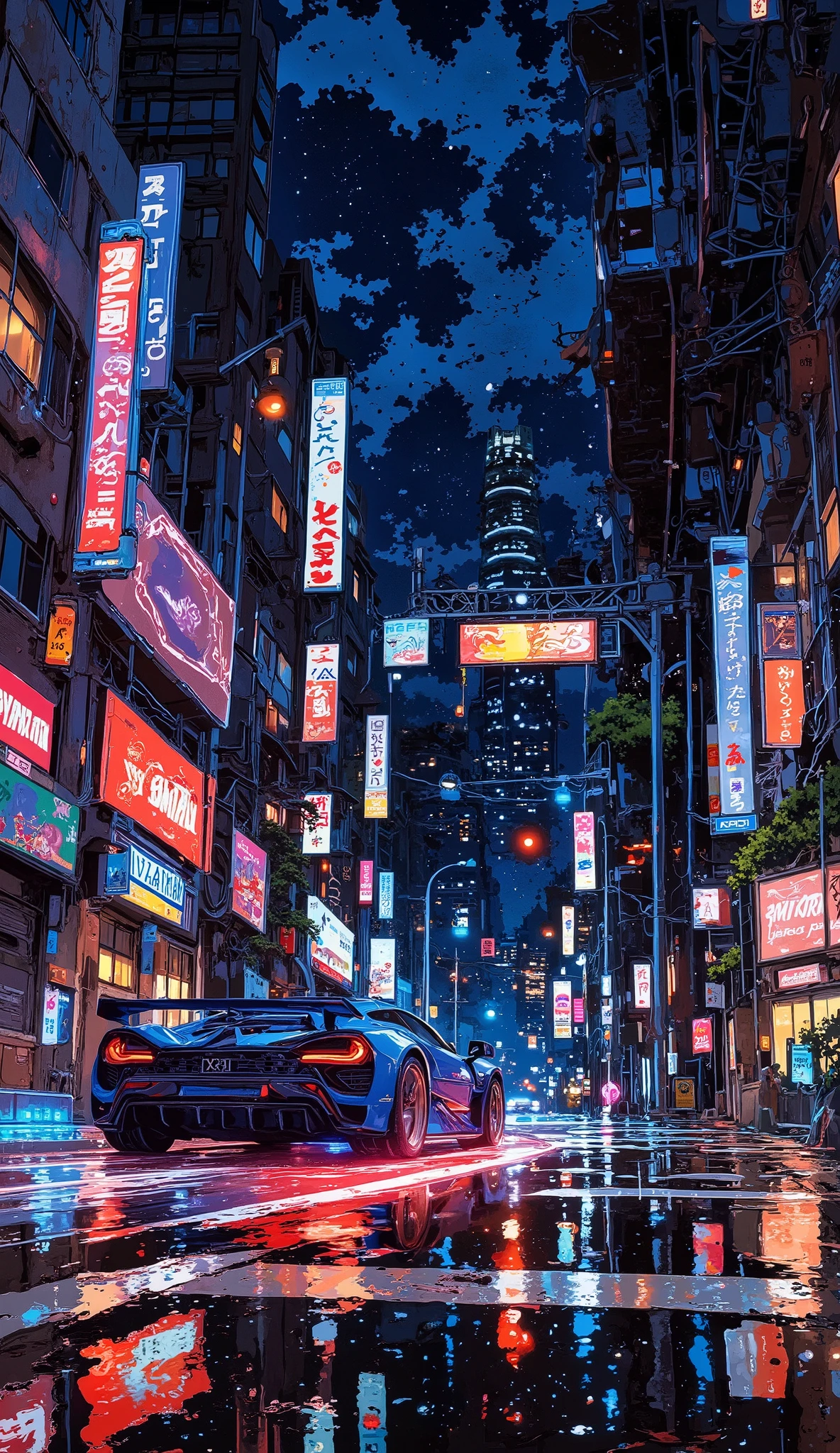 A cutting-edge hypercar with a sleek, ultra-aerodynamic body carved from exposed carbon fiber streaks through a futuristic cyberpunk city at night. Its sharp, angular contours reflect the neon glow of towering skyscrapers, while holographic billboards and digital signs cast shifting colors across its surface. The car’s transparent canopy, reinforced with nanoglass, reveals a high-tech cockpit illuminated by an interactive holographic dashboard, displaying futuristic speedometers and AI-assisted navigation.
Glowing neon underglow pulses beneath the hypercar, shifting colors in sync with its movement, while thin, laser-powered LED headlights slice through the misty urban streets. The vehicle's active aerodynamics adjust in real-time—carbon fiber flaps subtly reposition to maintain perfect downforce as the hypercar accelerates.
The hypercar’s wheels, featuring transparent graphene rims with embedded neon-lit spokes, leave a faint energy trail as they spin at breakneck speeds. Plasma exhaust vents at the rear emit a soft blue luminescence, hinting at the revolutionary fusion powertrain beneath. Rain-soaked streets reflect the dazzling city lights, and streaks of motion blur accentuate the sheer speed of the machine as it drifts around a sharp corner, disappearing into the neon haze of the metropolis