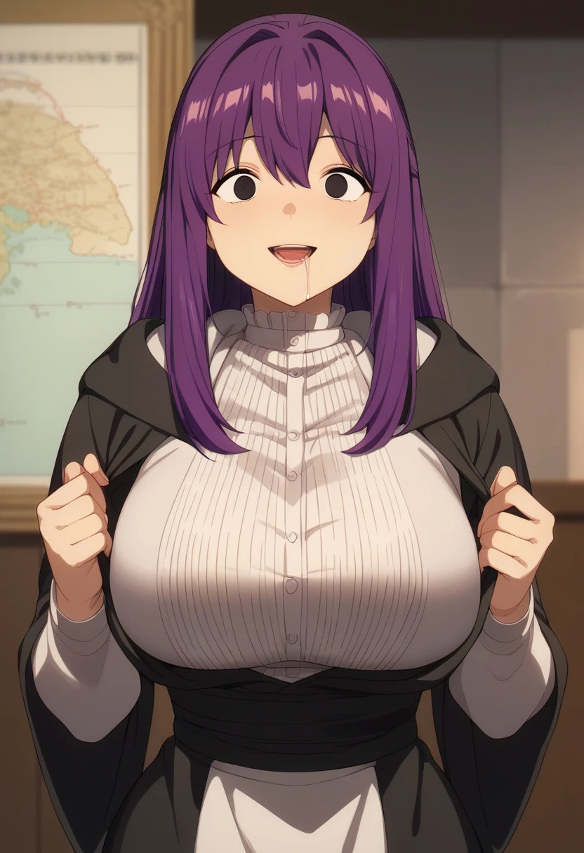sao anime style asuna \(sao\), 1girl, brown eyes, bright purple hair,Big breast,Fake big breast,Sculpted calves,Wide hips,Big ass,Tight tights,scoop Cleavage, Skindentation,Long thick Wavy hair,thin long sleeve shirt with scoop cleavage,mono color outfit,Walking in street,Purple lips,dark blue Eyeshadow,Fancy earring,chain Dog tag necklace,multistrand necklace,((Solo)),((1girl)),Mature,Curvy figure,Swaying hips,Heels,Confident walk,eyelash,Bare leg,Light blush,Thick lips,Half eyes open expression,Calm expression,Smile,Red light district,Blunt bang hair,Body facing viewer,High quality,tattoo with image of Laughing coffin mark,Bright purple hair,Lowrise jeans,Open navel