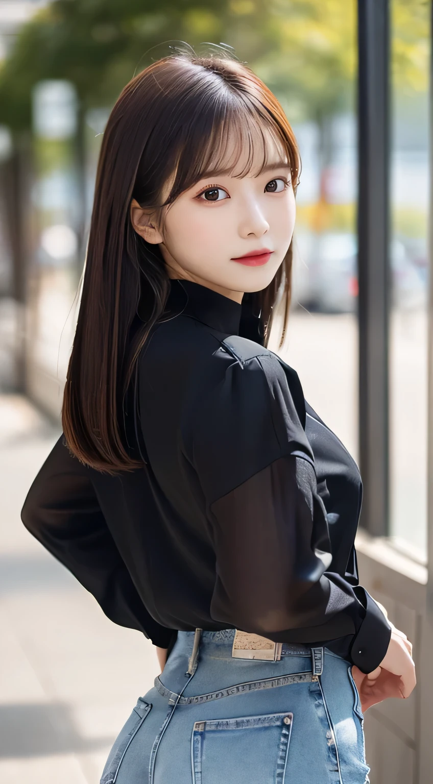 (beautiful girl、cute face、stares at viewers:1.3)、top quality,8K image、 perfect double eyelids、happy、natural color makeup、Moist lips、white skin、(straight hair、medium hair、straight hair, Strongly Blurred White Background 、 black long shirt、summer:1.3), jeans pants、Composition from behind、composition from below、tiny ass、 Read more