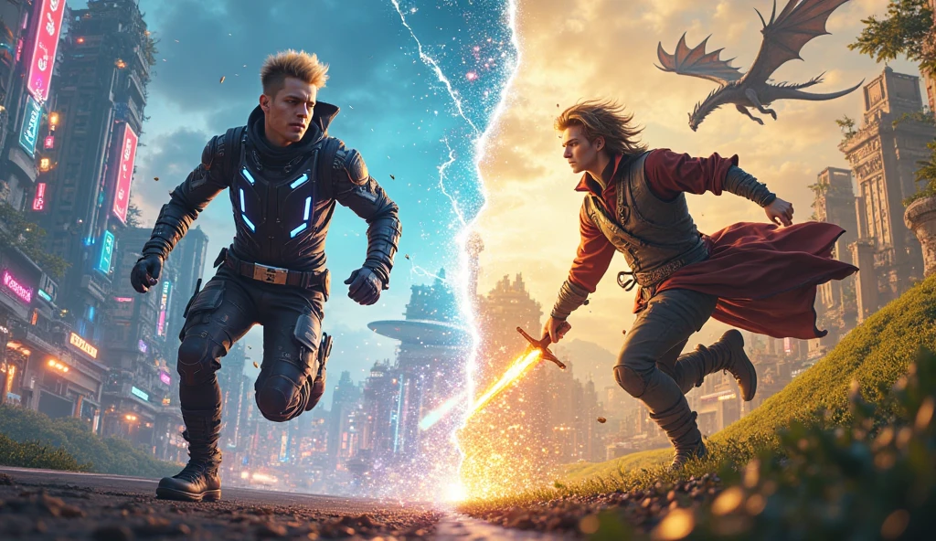 A visually stunning split-world composition featuring two male ...