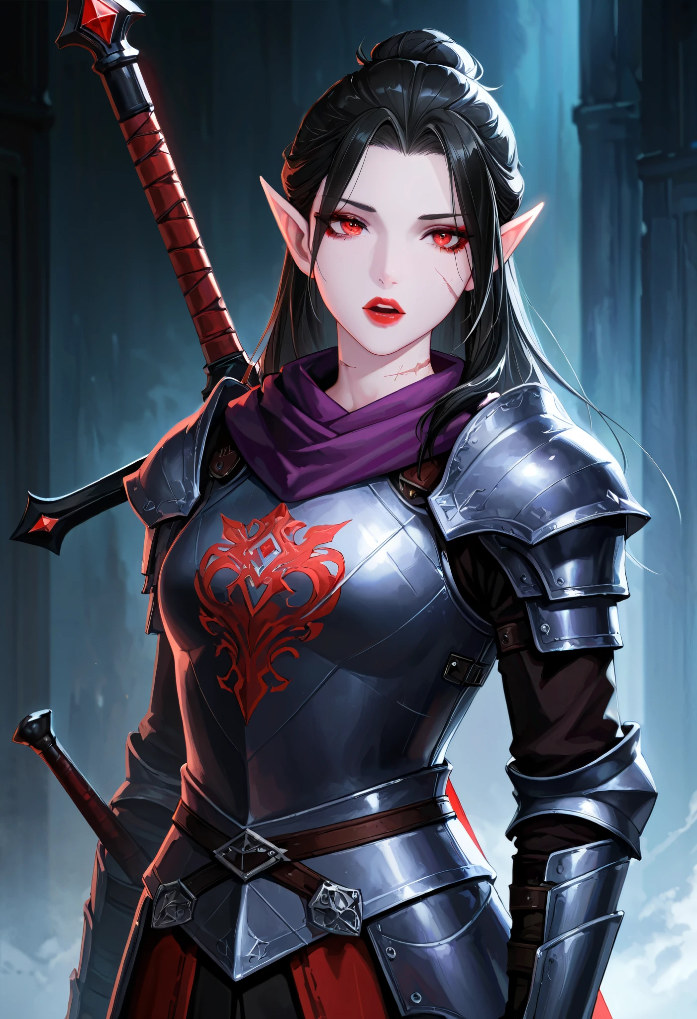 (artist:binggong asylum:1.22), (artist:OKAZU:1.10), (artist:hiten:0.51), artist:WANKE, (artist:ciloranko:0.55), (Baldur's Gate 3 character), (masterpiece: 1.2), (best_quality: 1.0), (solo: 1.4), 1woman, slim physique, 30 years old, middle-aged woman, ((upper-body, half body: 1,4)), ((Ultra Detailed, Cinematic, hyper detailed, Hyperresolution, official arts, Wallpaper 40k, Mind-blowing art)), (tied up hair, black hair, high bun: 1.2), ((Drow race, Drow woman, pointed ears)), voluminous hair, (bright ruby-red eyes), (ruby-red eyeliner, ruby-red lipstick, makeup), Beautiful finger, Beautiful body, Beautiful nose, Beautiful character design, perfect eyes detail, perfect face, Colorful, Bright_Front_face_Lighting, (bright_color: 1.2), (beautiful, small breasts size: 1.2), (beautiful, big ass: 1.2), (beautiful_face: 1.5), (plate armor, dressed in plate armor), (the hilt greatsword, great greatsword on the back), front view, (pale pink skin tone), metal with a bluish tint, leather inserts, purple fabric, (ocular scars, scars on face, scars on neck), (background, dark dungeon, deep halls),