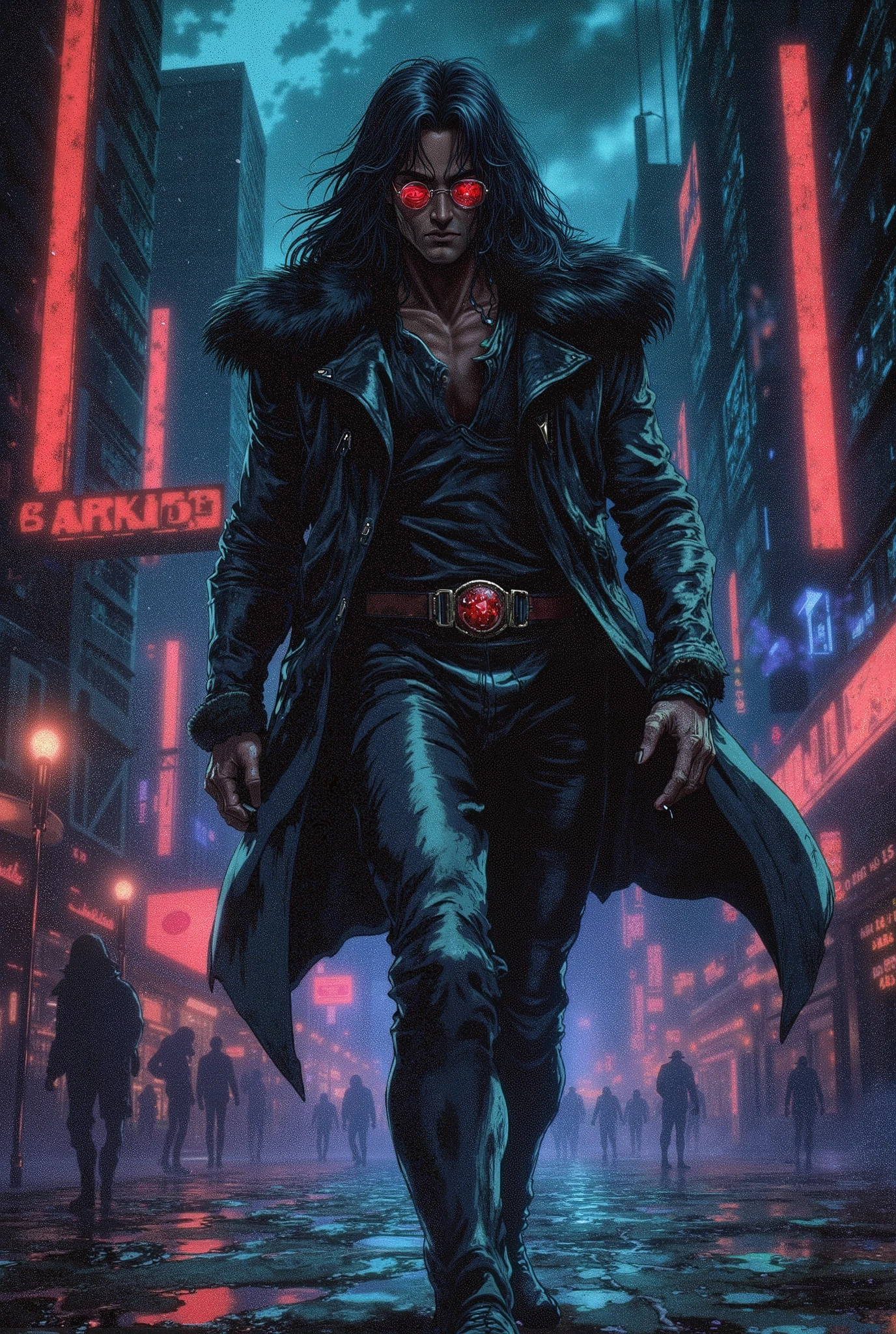 man, dark skin, smoking a cigarette, black leather jacket with black fur, black leather clothes inside leather pants, boots, round red lens glasses, long black hair, walking in the rain in a dark city, biker gloves with exposed fingers