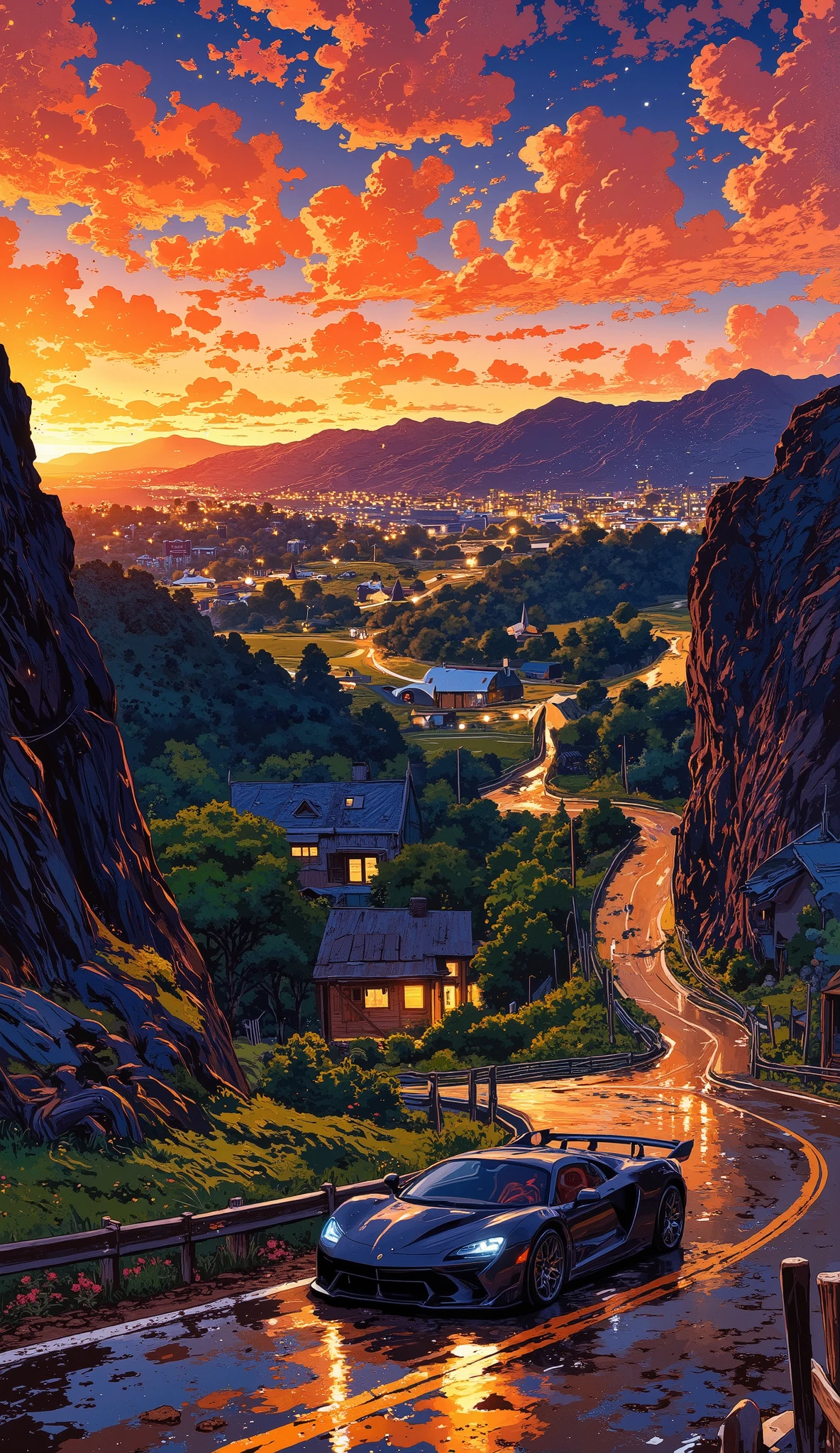 A next-generation hypercar roars down a winding mountain pass at twilight, its sculpted body crafted from ultra-lightweight titanium alloy and carbon fiber. The vehicle’s liquid-metal paint shifts colors between deep sapphire and fiery orange, reflecting the last golden rays of the setting sun. As it accelerates, its adaptive aerodynamics seamlessly adjust—sleek air intakes opening to cool the quad-turbo V12 engine, while an active rear wing deploys to enhance stability through high-speed corners.
The hypercar’s razor-thin OLED headlights emit an intense white-blue glow, illuminating the smooth, winding asphalt ahead. Its custom-forged magnesium wheels, wrapped in low-profile performance tires, grip the road effortlessly, sending tiny sparks as they skim over the occasional imperfection. The cabin, visible through a curved sapphire glass canopy, features a driver-focused cockpit lined with Alcantara, brushed aluminum, and a holographic HUD that projects real-time telemetry.
As the road bends around a steep cliffside, a breathtaking view of a neon-lit city emerges in the distance, its skyline shimmering against the night sky. The hypercar’s titanium exhausts unleash a symphonic roar, spitting flames as it downshifts. The crisp mountain air carries the scent of burnt rubber and high-octane fuel as the machine effortlessly glides through the twists and turns, an engineering marvel blending power, elegance, and futuristic innovation