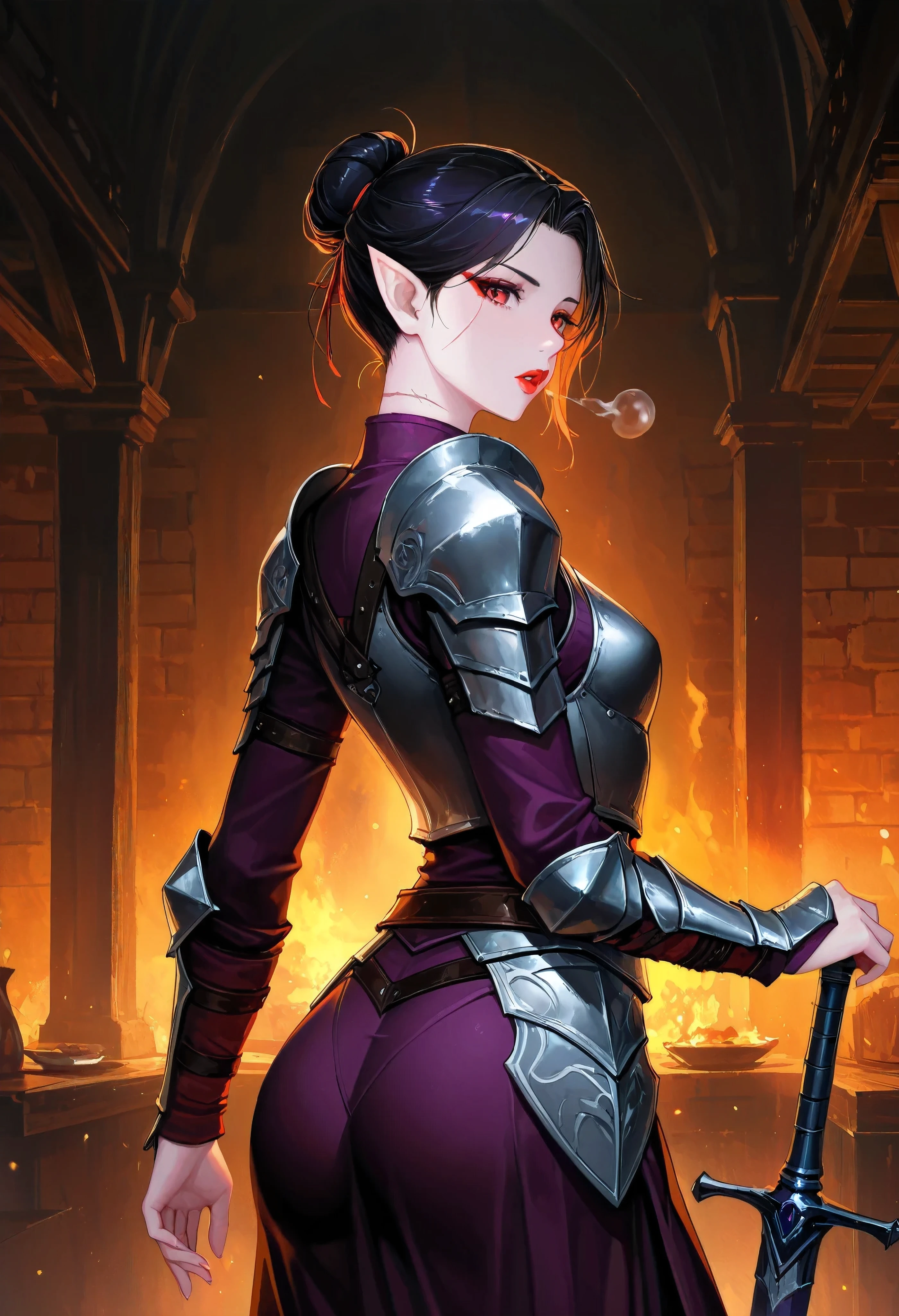 (artist:binggong asylum:1.22), (artist:OKAZU:1.10), (artist:hiten:0.51), artist:WANKE, (artist:ciloranko:0.55), (Baldur's Gate 3 character), (masterpiece: 1.2), (best_quality: 1.0), (solo: 1.4), 1woman, slim physique, 30 years old, middle-aged woman, ((upper-body, half body: 1,4)), ((Ultra Detailed, Cinematic, hyper detailed, Hyperresolution, official arts, Wallpaper 40k, Mind-blowing art)), (tied up hair, black hair, high bun: 1.2), ((Drow race, Drow woman, pointed ears)), voluminous hair, (bright ruby-red eyes), (ruby-red eyeliner, ruby-red lipstick, makeup), Beautiful finger, Beautiful body, Beautiful nose, Beautiful character design, perfect eyes detail, perfect face, Colorful, Bright_Front_face_Lighting, (bright_color: 1.2), (beautiful, small breasts size: 1.2), (beautiful, big ass: 1.2), (beautiful_face: 1.5), (plate armor, dressed in plate armor), (the hilt greatsword, great greatsword on the back), front view, (pale pink skin tone), metal with a bluish tint, leather inserts, purple fabric, (ocular scars, scars on face, scars on neck), (background, dark dungeon, deep halls),