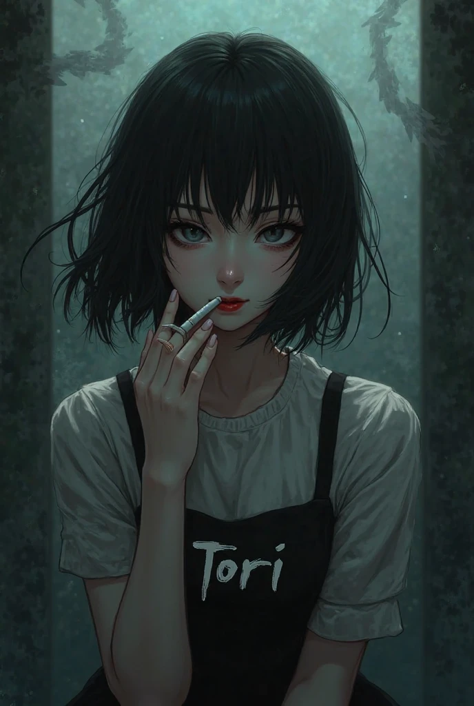 oil painting. girl. black hair. black eyes . smokes