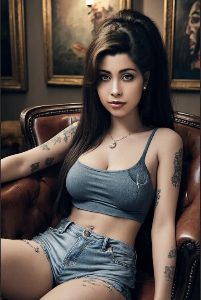 Surrealism painting, amy Winehouse, wearing a low-cut top, and ripped denim shorts sitting in a luxurious vintage armchair. Blues, and guitar playing blues.looking straight at the camera , face in high definition HD, 8k, sign above the lips at the corner of the mouth.