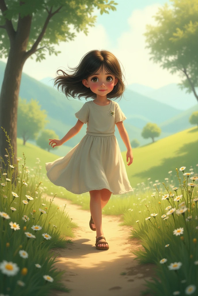 A very cute little girl is running on the green grass, with a round face, a group of cute little animals are following her, and wild flowers are blooming all over the grassland.