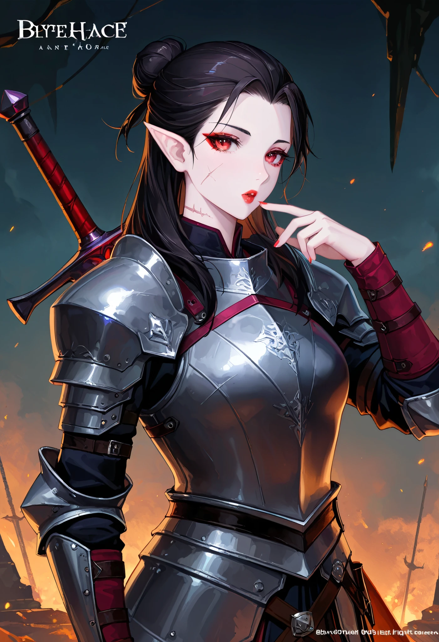 (artist:binggong asylum:1.22), (artist:OKAZU:1.10), (artist:hiten:0.51), artist:WANKE, (artist:ciloranko:0.55), (Baldur's Gate 3 character), (masterpiece: 1.2), (best_quality: 1.0), (solo: 1.4), 1woman, slim physique, 30 years old, middle-aged woman, ((upper-body, half body: 1,4)), ((Ultra Detailed, Cinematic, hyper detailed, Hyperresolution, official arts, Wallpaper 40k, Mind-blowing art)), (tied up hair, black hair, high bun: 1.2), ((Drow race, Drow woman, pointed ears)), voluminous hair, (bright ruby-red eyes), (ruby-red eyeliner, ruby-red lipstick, makeup), Beautiful finger, Beautiful body, Beautiful nose, Beautiful character design, perfect eyes detail, perfect face, Colorful, Bright_Front_face_Lighting, (bright_color: 1.2), (beautiful, small breasts size: 1.2), (beautiful, big ass: 1.2), (beautiful_face: 1.5), (plate armor, dressed in plate armor), (the hilt greatsword, great greatsword on the back), front view, (pale pink skin tone), metal with a bluish tint, leather inserts, purple fabric, (ocular scars, scars on face, scars on neck), (background, dark dungeon, deep halls),