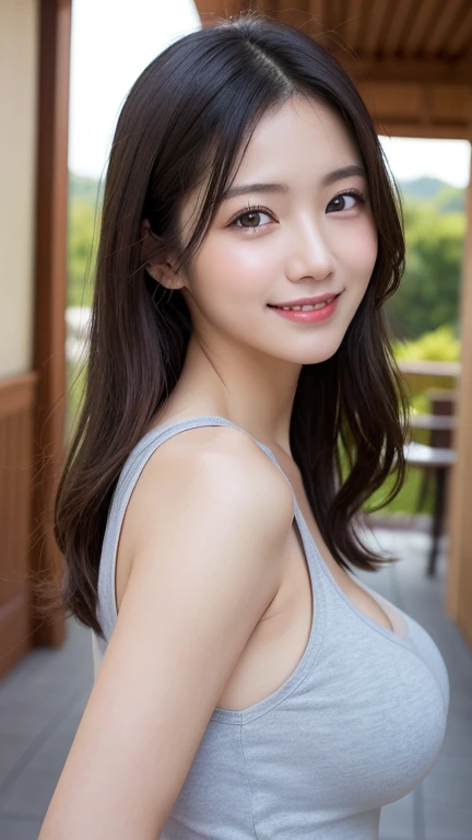 1 Girl, Beautiful, Baby Face, 16 Years Old, White Skin, Huge Round Breasts, Strapless Tube Dress, ((muscles:1.1)), Modern Building Balcon Outdoor, Grey Hair, Grey Long Straight Hair, ((bokeh:1.1)), ((adorable:1.1)), ((masterpiece:1.1)), Flirty