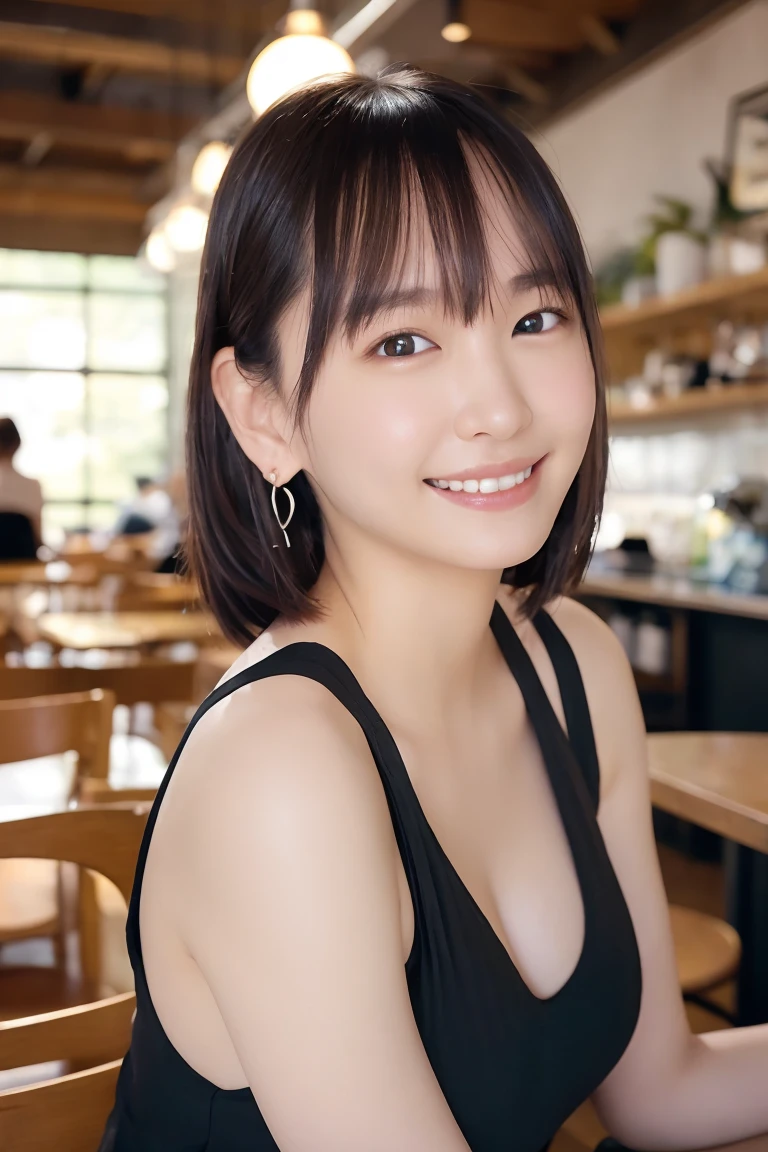 (high quality:1.2,Ultra-realistic) 、Detailed face、fine grain、Beautiful Japanese Woman、32 Talents、short hairやアップヘアのランダムなヘアスタイル、Black Hair、athlete、Small breasts、Sit at the table,  (Big smile,Happy expression:Pure joy). she has (short hair) and、 Place a large beer mug on the table、Looking into the camera、blush:2.5、Black Dress、Off the shoulder、