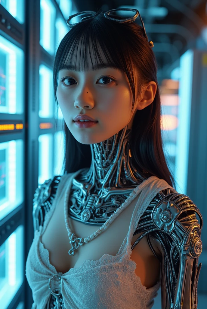 top-quality、masterpiece、超A high resolution、(Photorealsitic:1.4)、Raw photo、(1人)、Black hair、(((Colorless transparent latex in the shape of a gorgeous woman forming the body:1.4)))、(((Raw skin:1.4)))、(((Large silver plated metal nipples:1.4)))、(((Silver mirrored metal bones seen through latex):1.4)、((super realistic details))、portlate、globalillumination、Shadow、octan render、8K picture quality、ultrasharp、((All machine metal is mirror silver plated.:1.4))、Mechanical skeleton、Blood vessels in the tube、highly intricate detail、Realistic light、CGSoation Trends、a purple eye、Eyes shining towards the camera、neon details、(Mechanical ribs)、Mechanical spine、mechanical vertebra、Mechanical neck、sitting on、Wires and cables connecting to the head、Gundam、Small LED lamp、(Purple lighting from behind:1.2)、