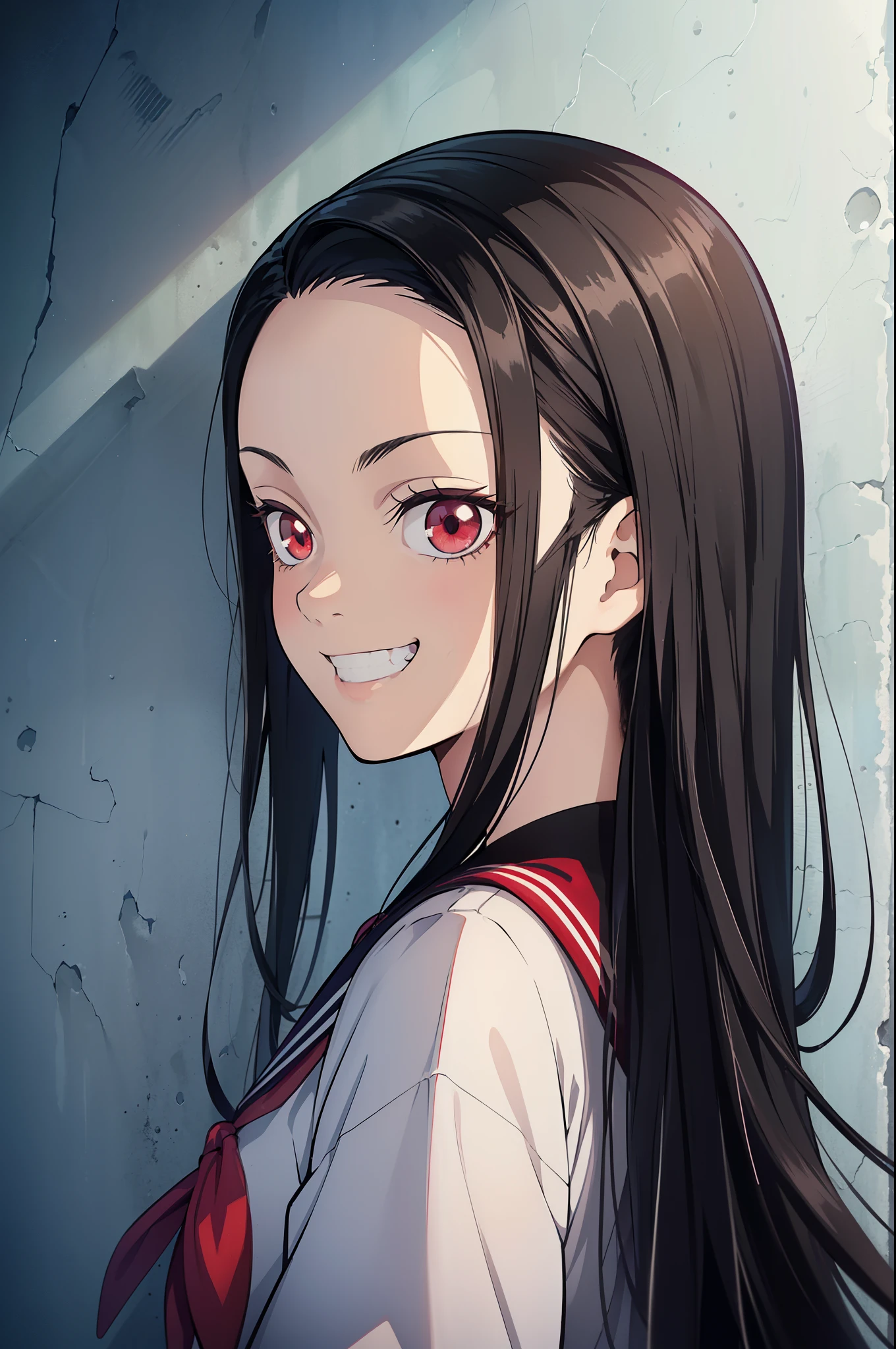(masterpiece, best quality:1.2), kimetsu no yaiba style, kiyomi, (1girl, solo), 18years old, (upper body, portrait), (face close-up, face focus), (behind back, looking back), (black long hair, straight hair), red eyes, (evil smile, grin:1.2), (serafuku, sailor suit), concrete wall