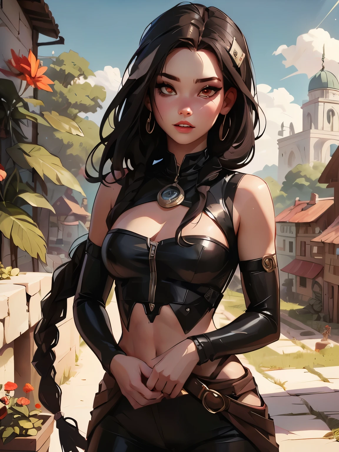 masterpiece, HD , great quality, very aesthetic, absurd, high contrast , high color palette , light glare ,Latest ,2.5D,volumetric lighting, Sweet, jung, 1 girl, aztekisch, round face, slanted eyes, Chemale Lips, small breasts, red eyes,athletic body, aztekisch, white hair strands, looks at the observer, Dreadlocks, shy, Anime shark teeth, background: jungle and Aztec ruins, look like a young Jennifer Lawrence