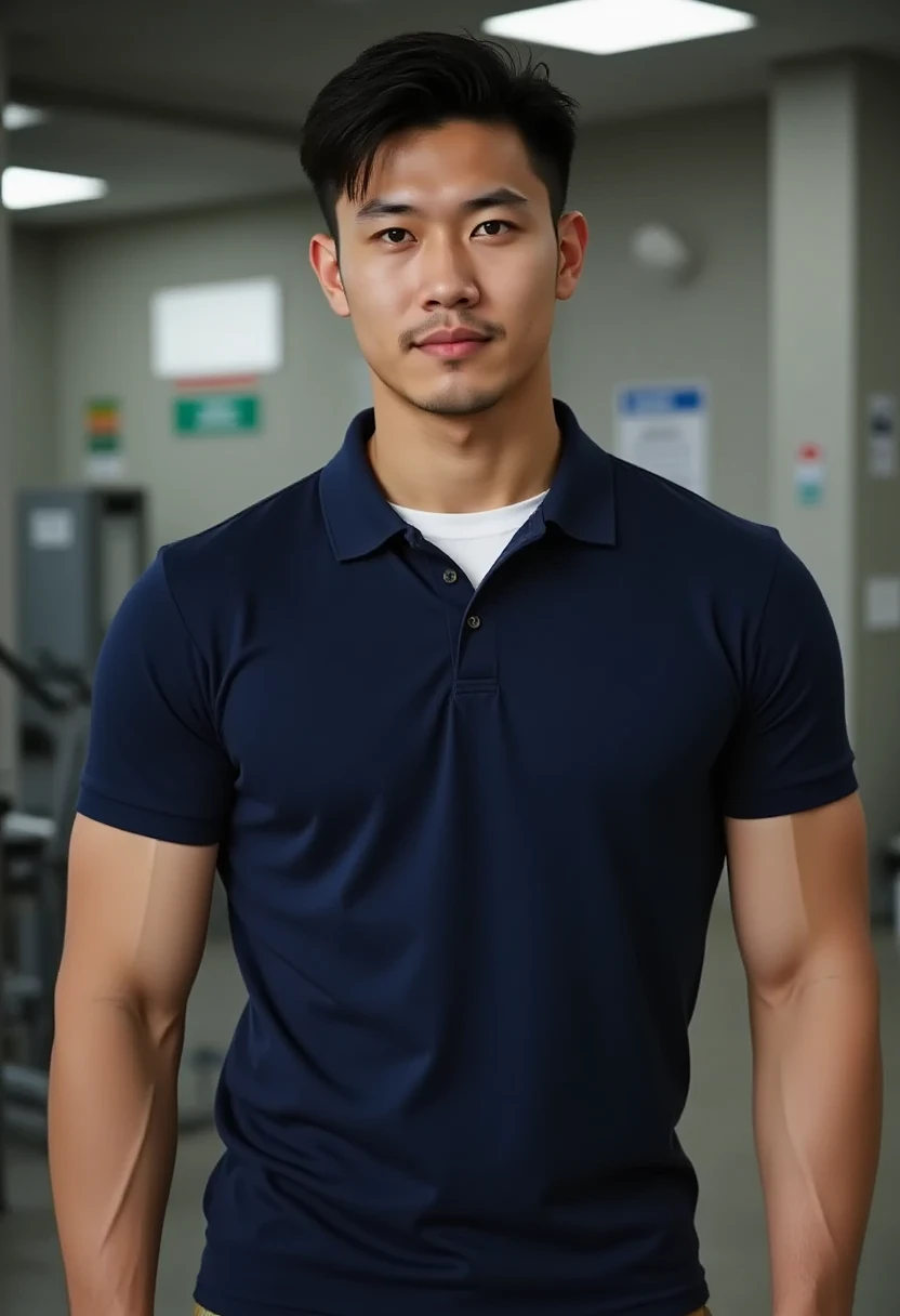 Masterpiece, best quality, high resolution, realistic, handsome, Take beautiful photos, Photo of the 35 year old gym association (The man has a thin mustache.) ,Full body, Portrait, Standing in the locker room, make military media, weight, Amazing , Buzzcut short hair,stubble head , (Hyper Muscle),looking at the audience, Flirt with the camera, charming, (Tight navy blue workout shirt. Cargo pants ),(GS-Male:1), 8k,Bokeh,Portrait,look at the viewer, smile 