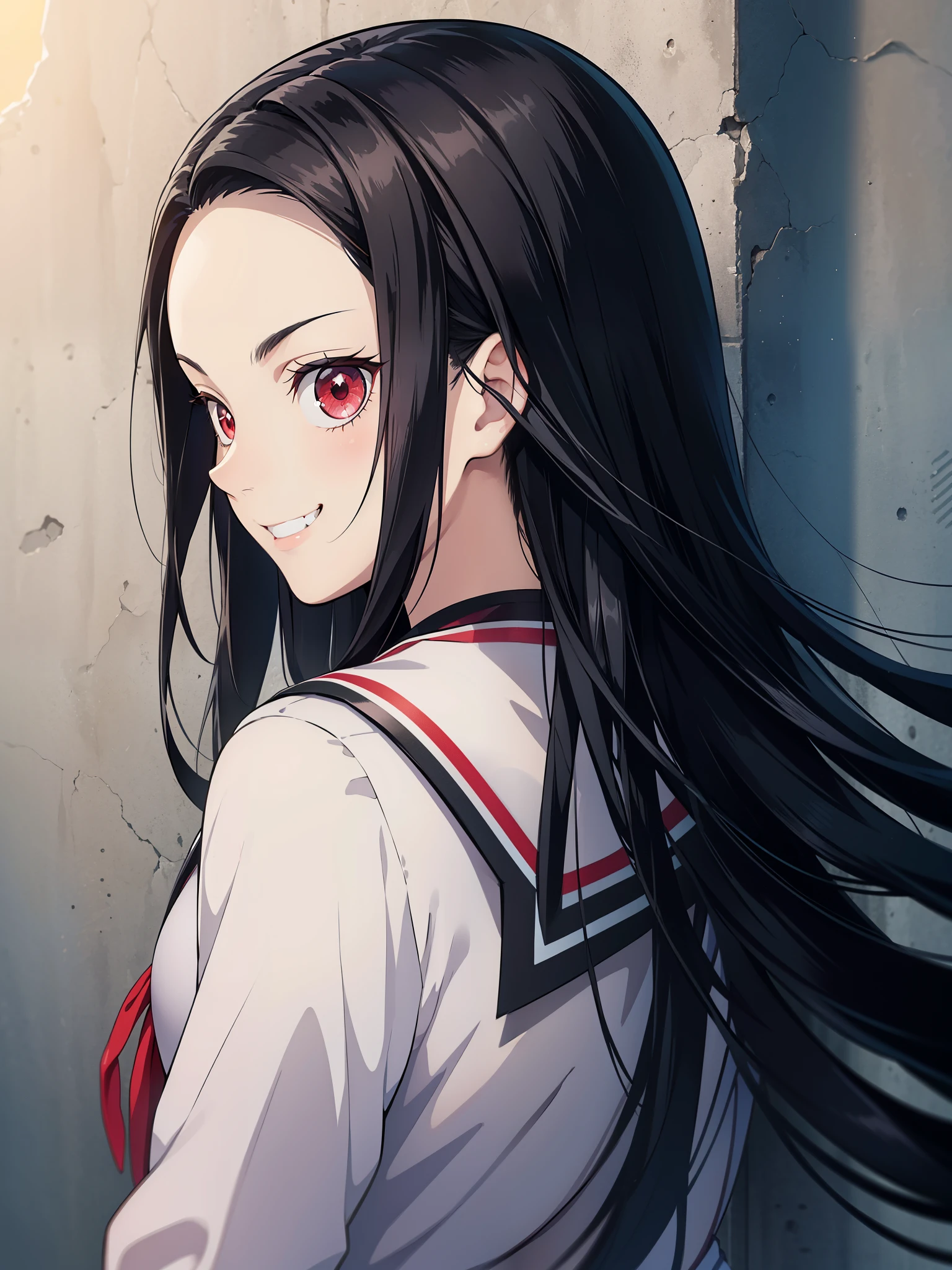 (masterpiece, best quality:1.2), kimetsu no yaiba style, kiyomi, (1girl, solo), 18years old, (upper body, portrait), (face close-up, face focus), (behind back, looking back), (black long hair, straight hair), red eyes, (evil smile, grin:1.2), provocative expression, (serafuku, sailor suit), concrete wall