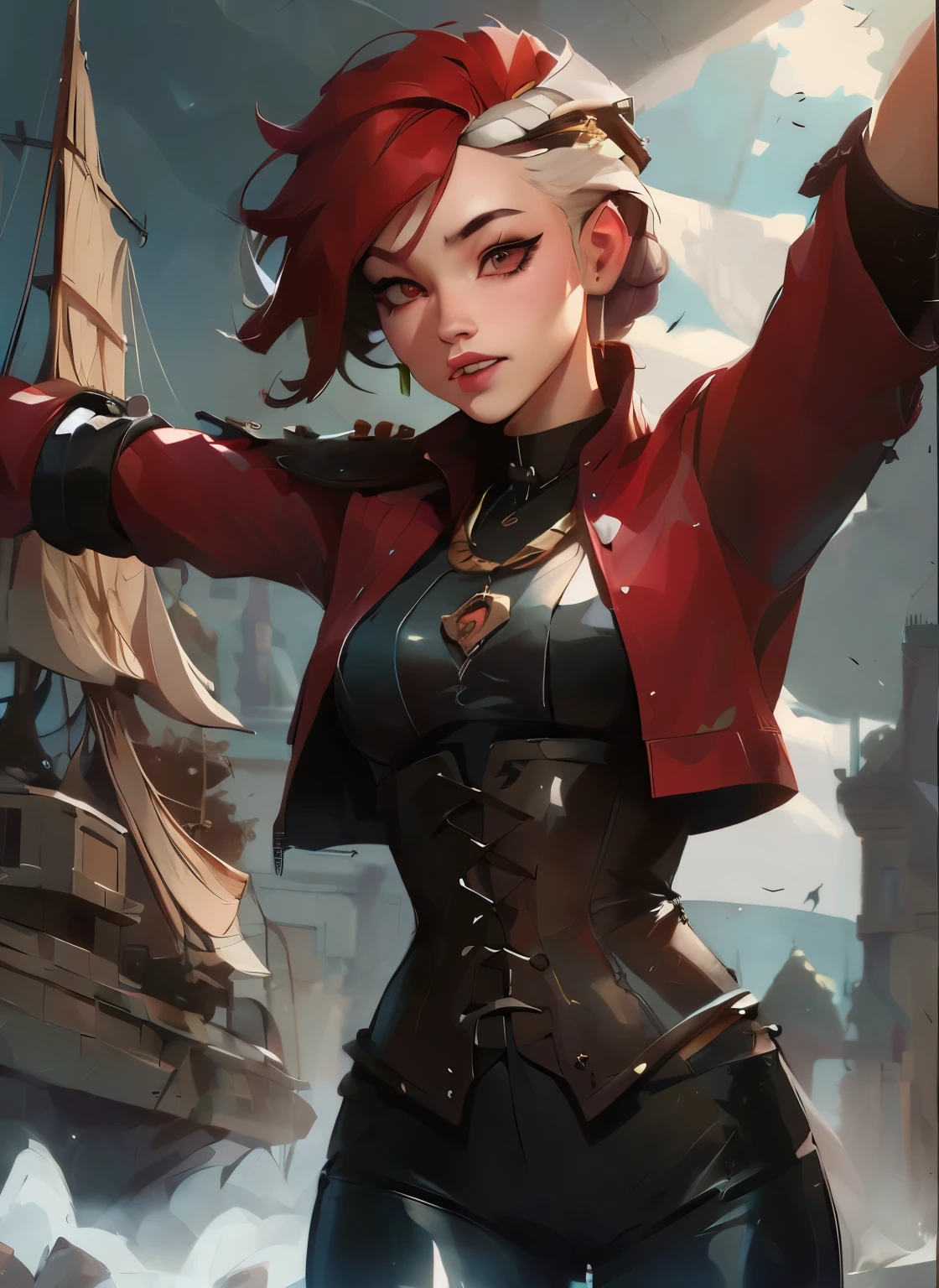masterpiece, HD , great quality, very aesthetic, absurd, high contrast , high color palette , light glare ,Latest ,2.5D,volumetric lighting, Sweet, jung, 1 girl, aztekisch, round face, slanted eyes, Chemale Lips, small breasts, red eyes,athletic body, aztekisch, white hair strands, looks at the observer, Dreadlocks, shy, Anime shark teeth, background: jungle and Aztec ruins, look like a young Jennifer Lawrence