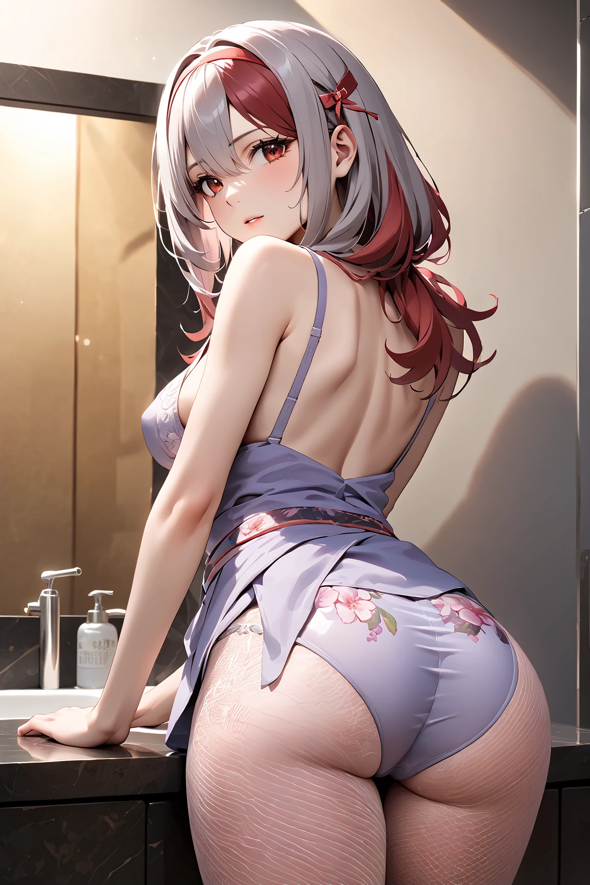 from behind,highres,(best quality),incredibly detailed,natural lighting,kitchen,1girl,sexy pose,(highly detailed face),looking over shoulderEmilia re:zero, purple eyes, Emilia, crown braid, x hair ornament, flower hair ornament, white hair, long hair, medium breasts,,long ponytail,standing,long shirt,see-through,medium breasts,perky breasts,covered,no pants,(black and purple lace panties)