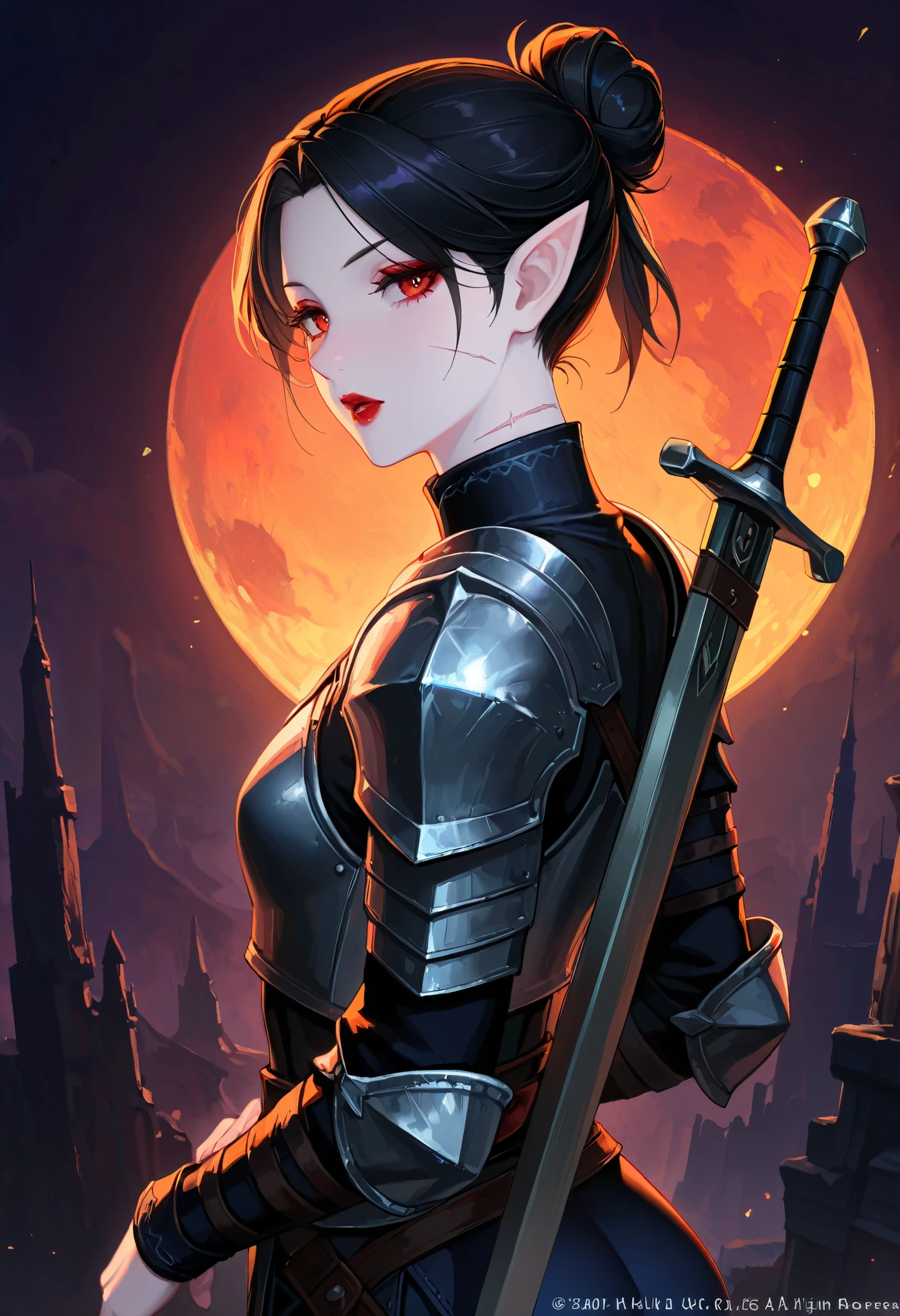 (artist:binggong asylum:1.22), (artist:OKAZU:1.10), (artist:hiten:0.51), artist:WANKE, (artist:ciloranko:0.55), (Baldur's Gate 3 character), (masterpiece: 1.2), (best_quality: 1.0), (solo: 1.4), 1woman, slim physique, 30 years old, middle-aged woman, ((upper-body, half body: 1,4)), ((Ultra Detailed, Cinematic, hyper detailed, Hyperresolution, official arts, Wallpaper 40k, Mind-blowing art)), (tied up hair, black hair, high bun: 1.2), ((Drow race, Drow woman, pointed ears)), voluminous hair, (bright ruby-red eyes), (bordo-red eyeliner, bordo-red lipstick, makeup), Beautiful finger, Beautiful body, Beautiful nose, Beautiful character design, perfect eyes detail, perfect face, Colorful, Bright_Front_face_Lighting, (bright_color: 1.2), (beautiful, small breasts size: 1.2), (beautiful, big ass: 1.2), (beautiful_face: 1.5), (plate armor, dressed in plate armor), (the hilt greatsword, great greatsword on the back), front view, (pale pink skin tone), metal with a bluish tint, leather inserts, purple fabric, (ocular scars, scars on face, scars on neck), (background, dark dungeon, deep halls),