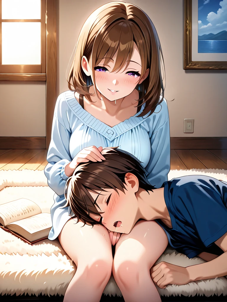 score_8_up, score_7_up, source_anime BREAK, 1female, brown hair, low ponytail, big breasts, beige sweater, white jeans, bedroom, lying on bed, sleeping, closed eyes, from above, lift up clothes, purple bra, Assisted exposure, clothes lift, male face out of frame, Shota, male only arm