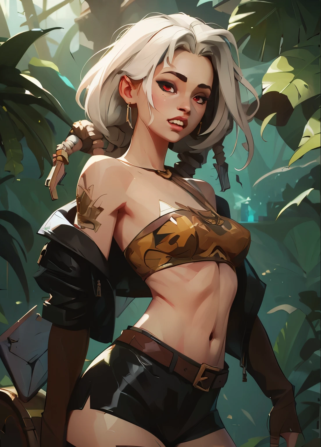 masterpiece, HD , great quality, very aesthetic, absurd, high contrast , high color palette , light glare ,Latest ,2.5D,volumetric lighting, Sweet, jung, 1 girl, aztekisch, round face, slanted eyes, Chemale Lips, small breasts, red eyes,athletic body, aztekisch, white hair strands, looks at the observer, Dreadlocks, shy, Anime shark teeth, background: jungle and Aztec ruins, look like a young Jennifer Lawrence