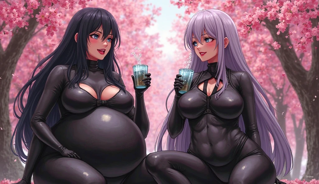 2heads, a short fat girl with 2 heads, in a club, wearing colorful latex , big breasts, holding a drink, cleavage,  massive breasts, smiling, short woman, chubby, fat. visible curves,(overweight),tan skin, african, dark skin, straight long black hair, visible curves, chubby, fat, colorful highlights in hair